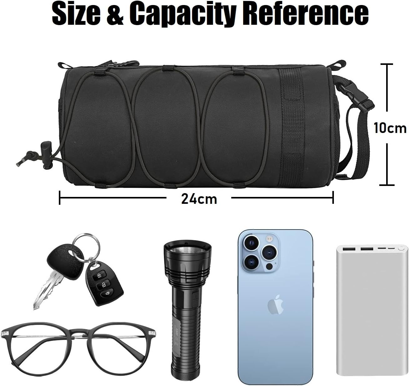 Eine schwarze zylindrische Tasche, 24 cm lang, neben Schlüsseln, Brille, Taschenlampe, Telefon und Powerbank. Größen- und Kapazitätsreferenz.