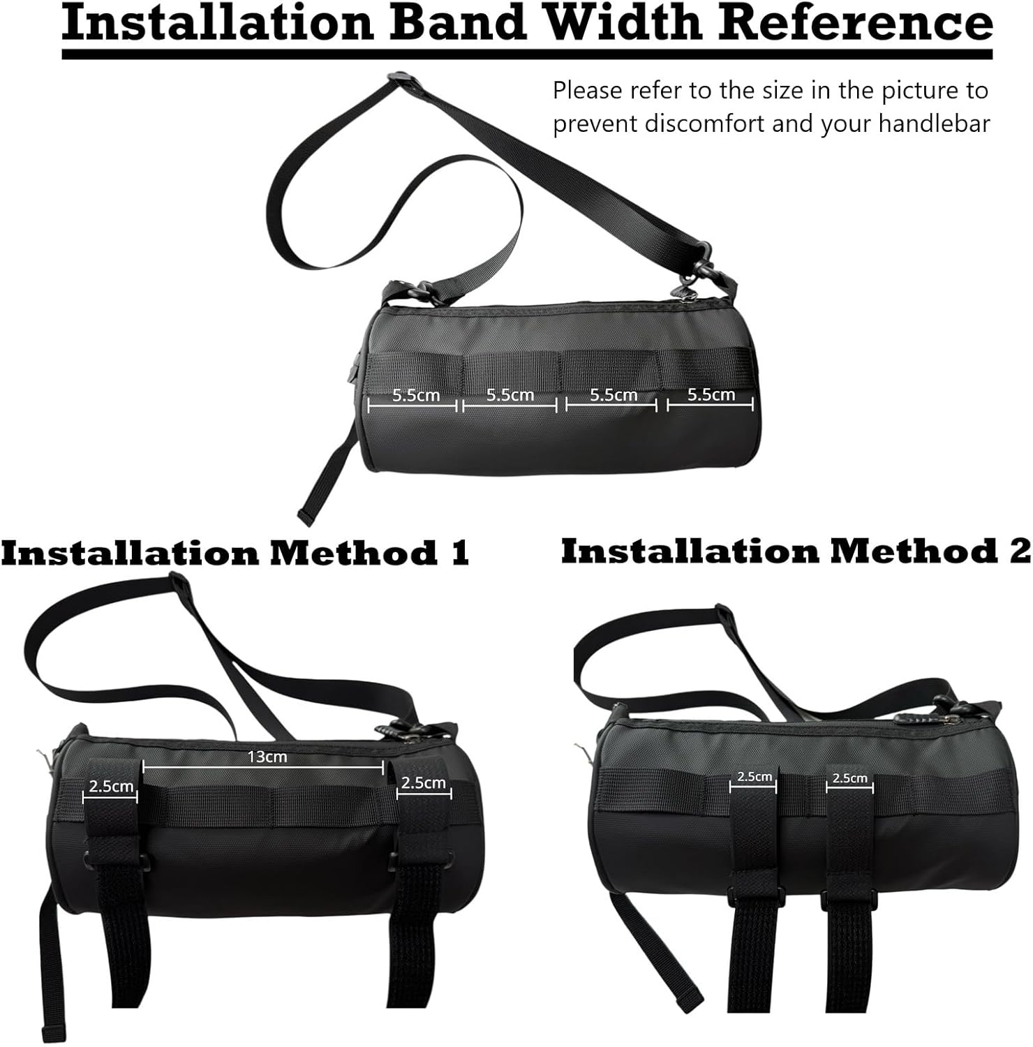 Diagramm mit Installationsmethoden für eine Lenkertasche. Enthält Abmessungen und Installationsanweisungen mit Text und Abbildungen.