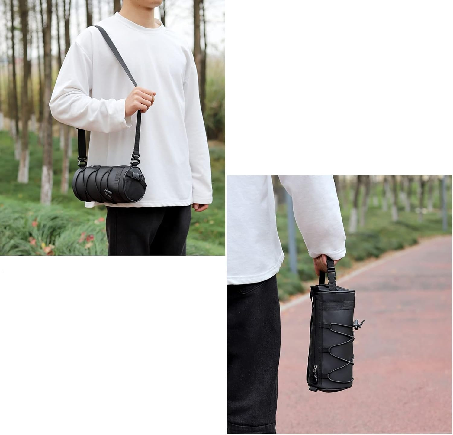 Eine Person trägt ein weißes Hemd und eine schwarze Hose und hält eine schwarze zylindrische Tasche mit einem Riemen über der Schulter.