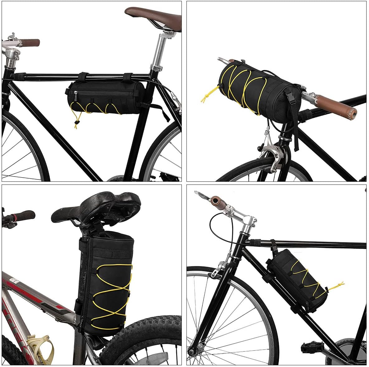 Vier Ansichten eines schwarzen Fahrrads mit schwarzen Taschen. Gelbe Gummibänder sichern die Taschen. Räder, Lenker und Sitz sichtbar.