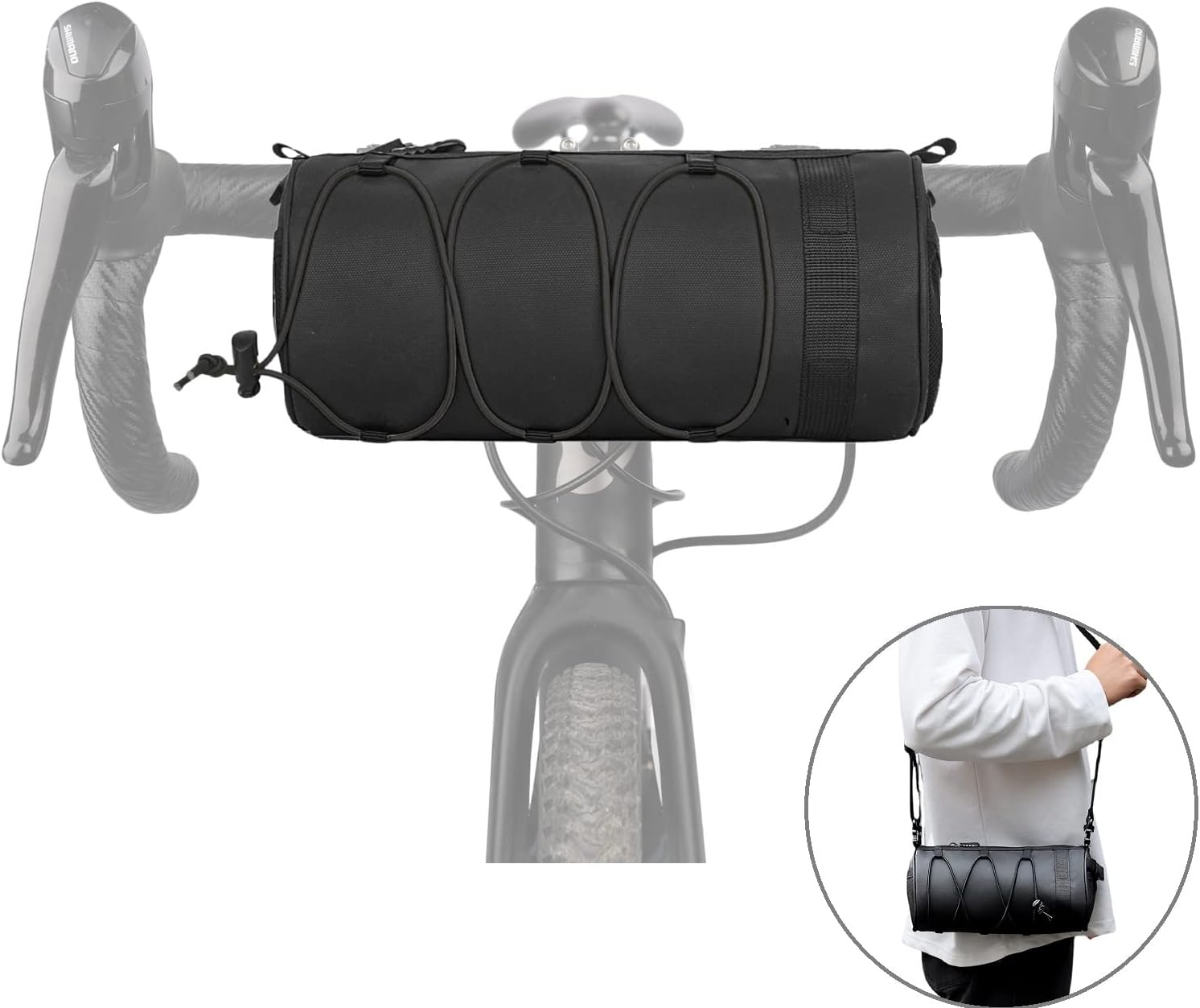 Eine schwarze zylindrische Lenkertasche ist an einem Fahrrad montiert. Eine Person hält eine ähnliche Tasche mit einem Riemen in einem kleineren Kreis.
