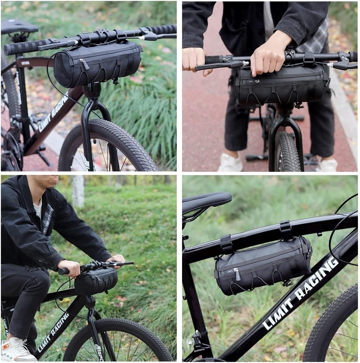 Schwarze Fahrrad-Lenkertasche am Fahrrad befestigt. Person hält den Lenker. Schwarzer Fahrradrahmen. Grünes Gras im Hintergrund.