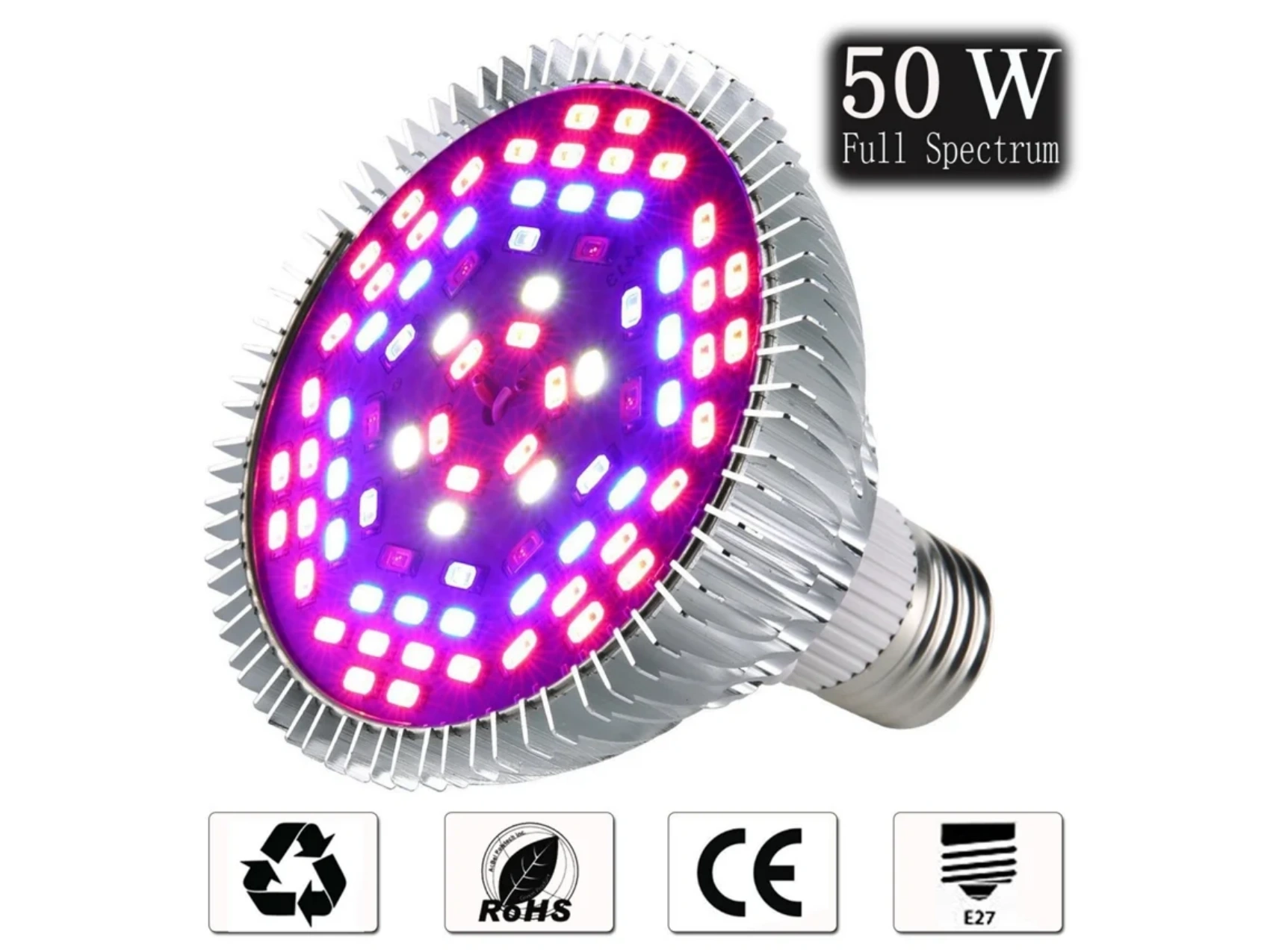 LED-Pflanzenlampe mit lila, roten und blauen Lichtern. Sie hat einen silbernen Kühlkörper und einen Standard-Glühbirnensockel. Der Text '50W Full Spectrum'.