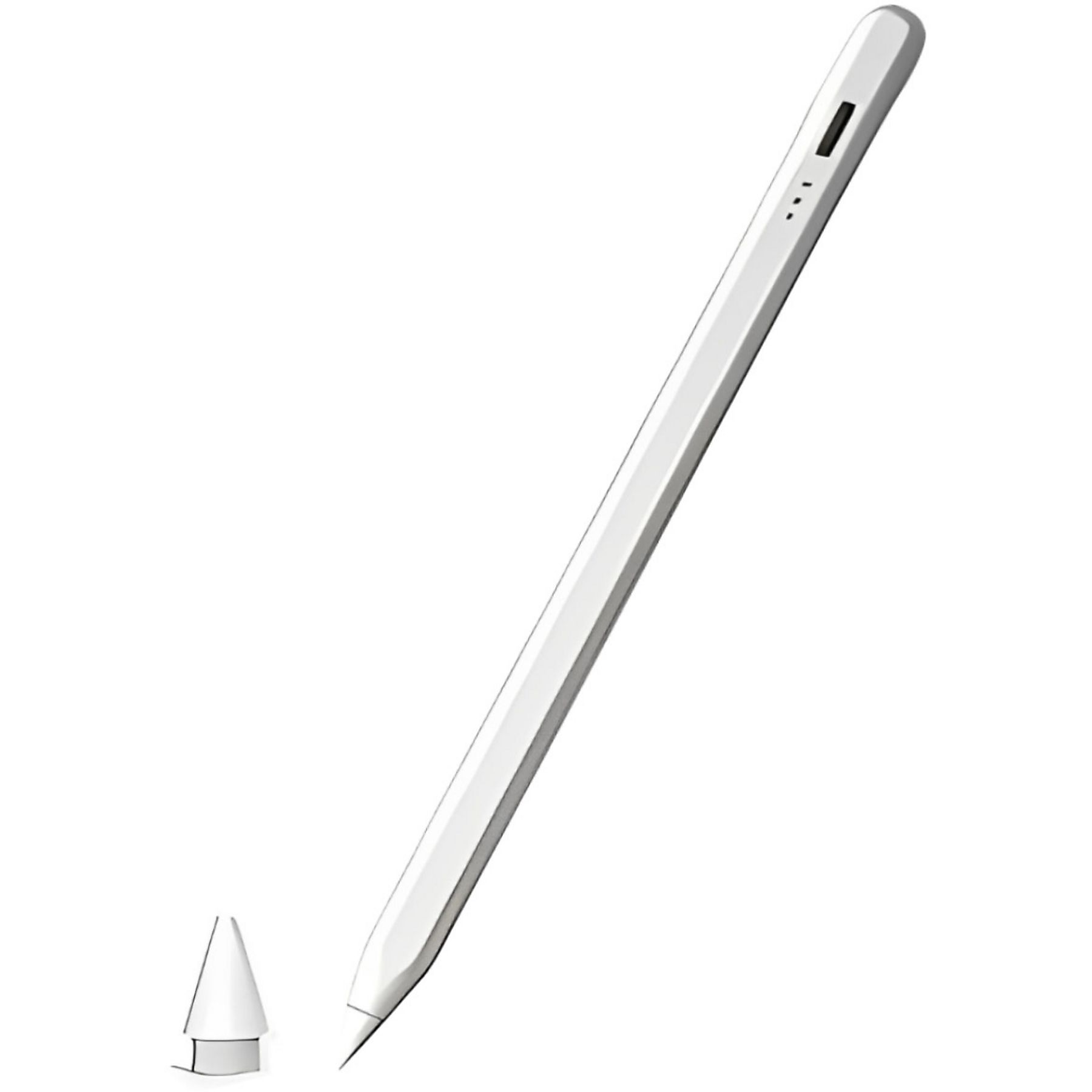 Ein weißer Stift mit seiner Spitze und einer separaten Spitze. Der Stift hat ein schlankes Design mit einer Taste und einem Ladeanschluss.