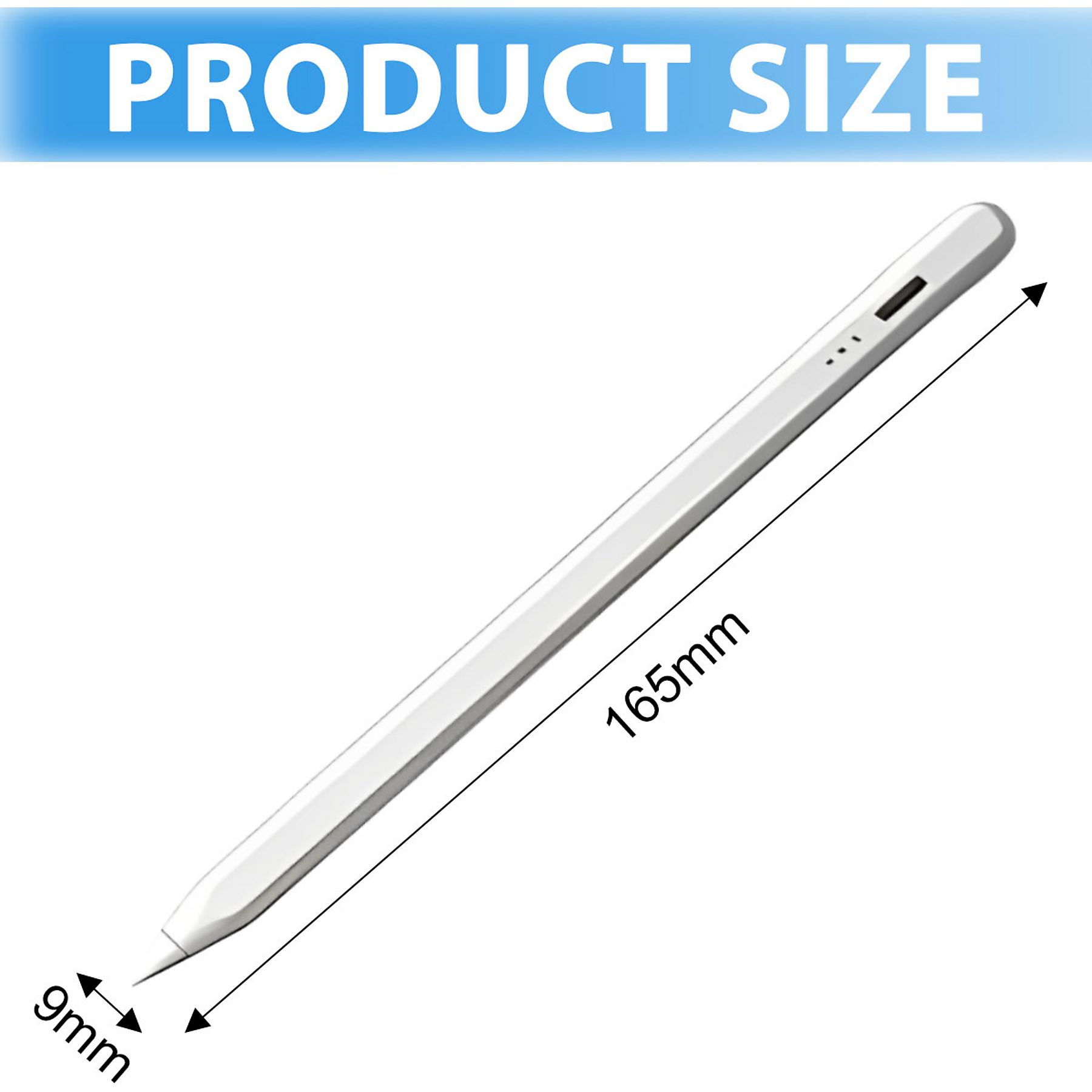 Ein weißer Stift mit den Maßen 165 mm Länge und 9 mm Breite. Oben steht 'Produktgröße'.