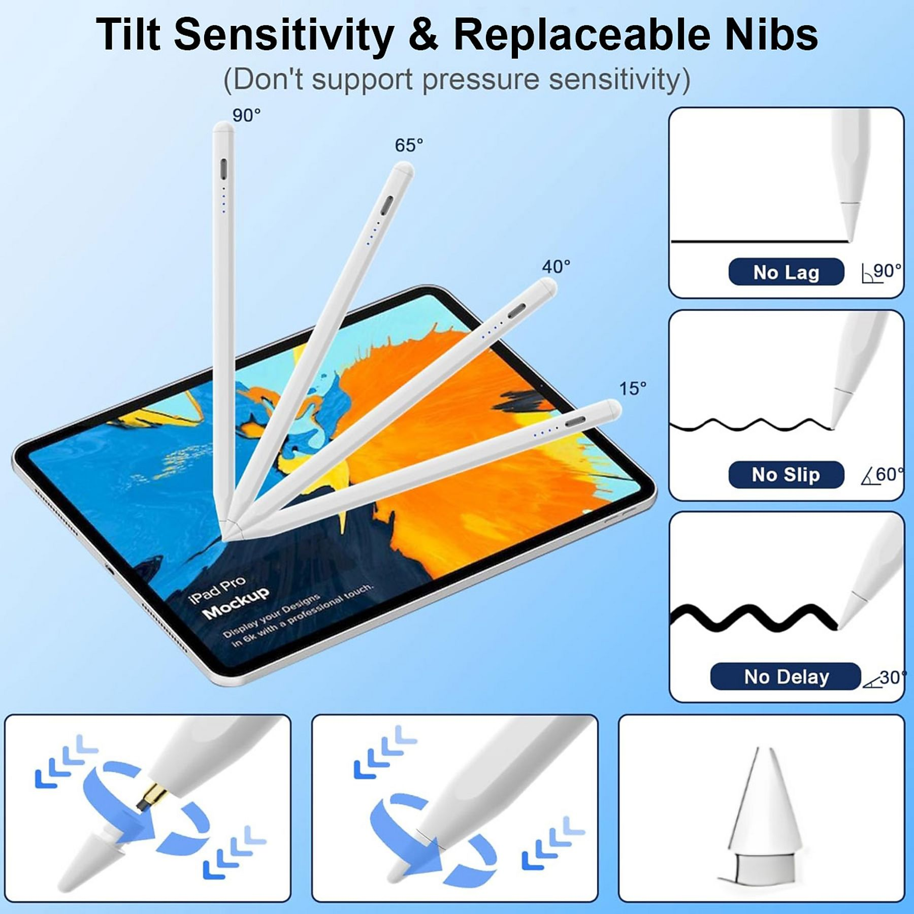 Das Bild zeigt ein iPad mit weißen Stiften in verschiedenen Winkeln, die die Neigungsempfindlichkeit demonstrieren. Text zeigt "No Lag", "No Slip" und "No Delay".