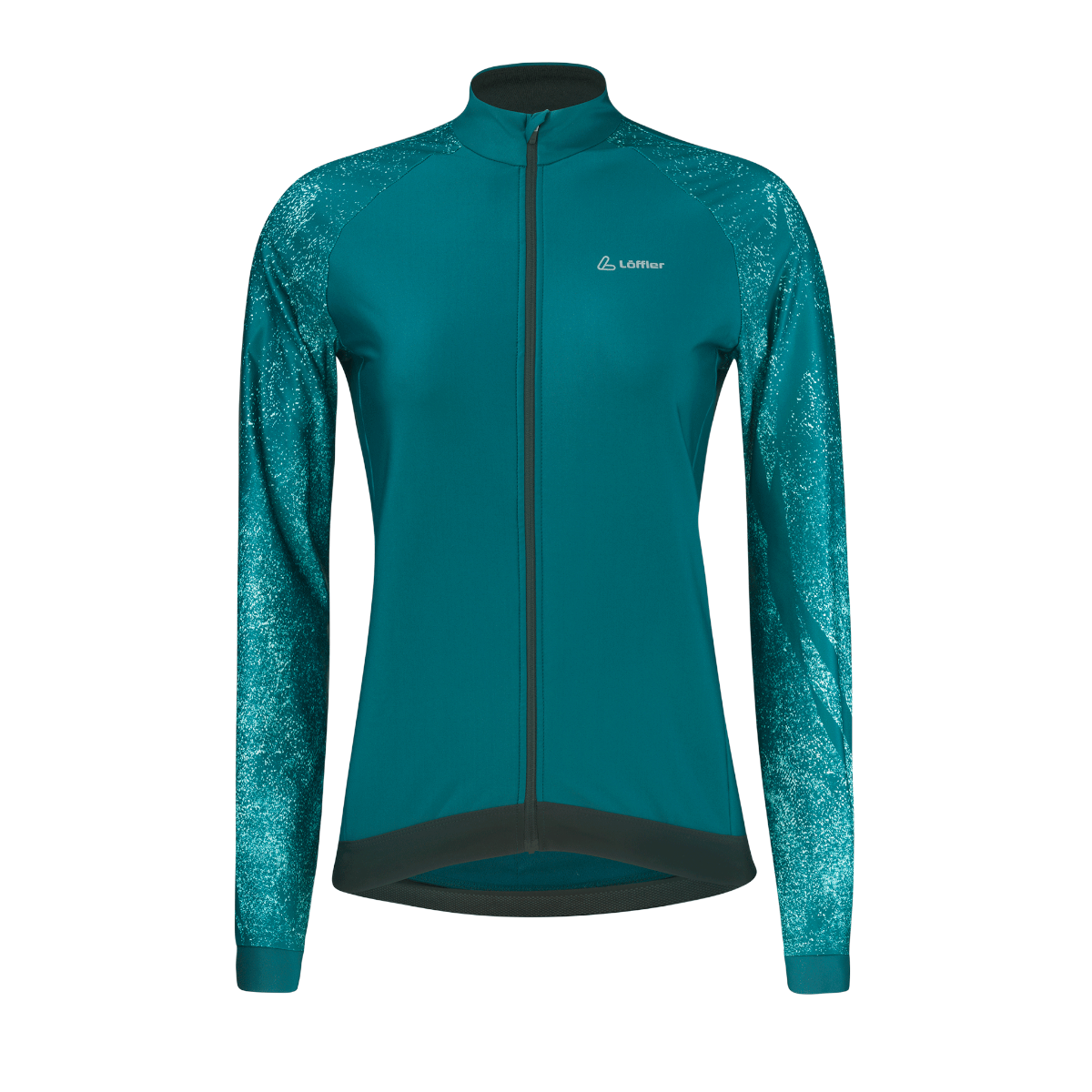 Eine türkisblaue Radjacke. Die Ärmel haben ein gesprenkeltes Muster. Sie hat einen hohen Kragen und einen durchgehenden Reißverschluss.