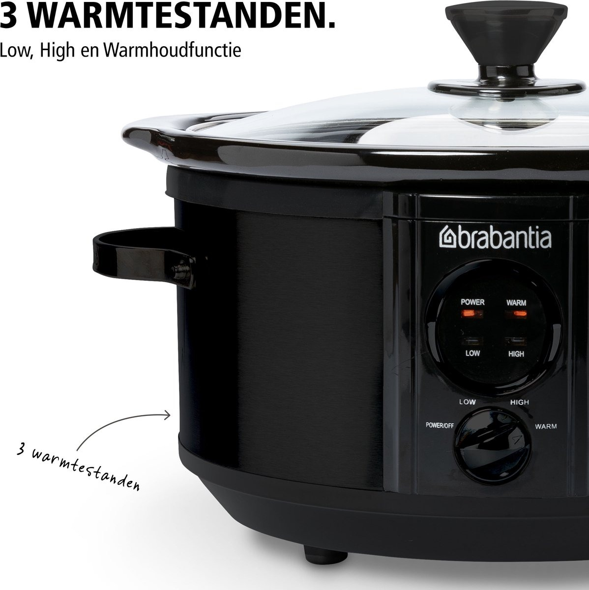 Un autocuiseur Brabantia noir avec un couvercle en verre. Il dispose de réglages d'alimentation et de maintien au chaud. Le texte dit '3 warmtestanden'.