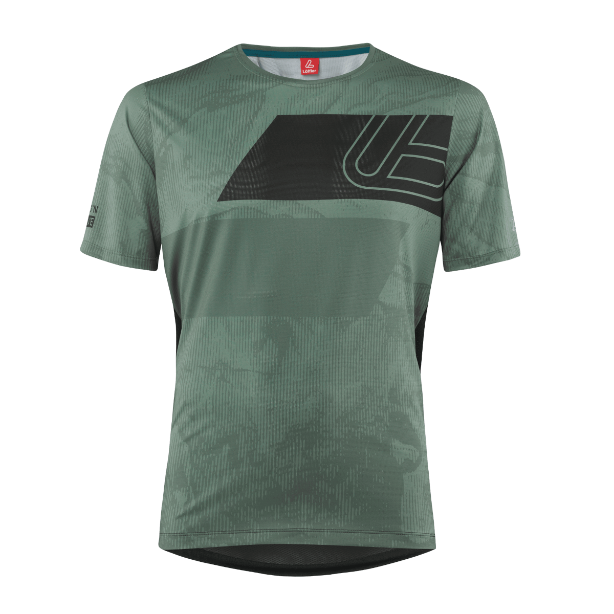 Grünes Sportshirt mit schwarzen Akzenten und Logo. Kurze Ärmel, Rundhalsausschnitt. Markenlogo oben. Gedrucktes Muster auf dem Stoff.