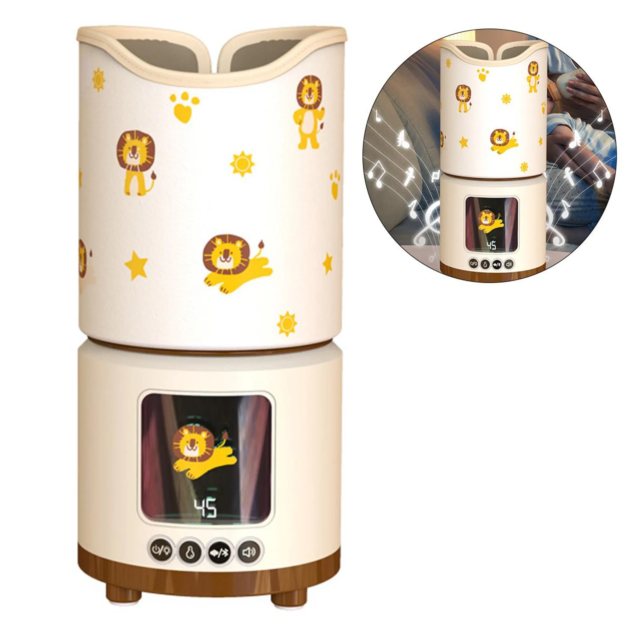 Ein cremefarbenes Babygerät mit Löwenmotiven. Es hat ein Display mit einem Löwen und der Zahl 45. Enthält Knöpfe.