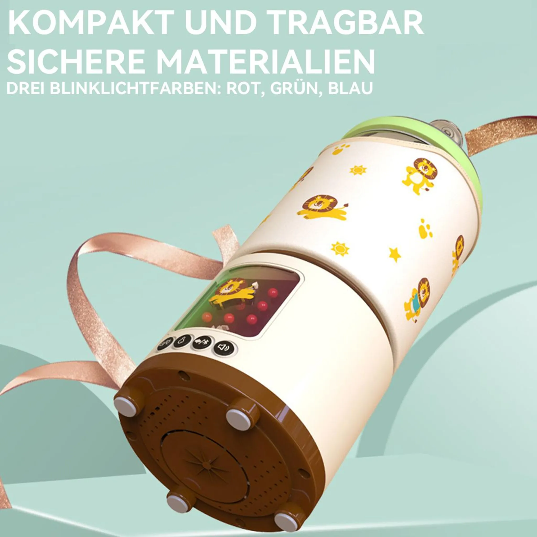 Ein weiß-braunes Gerät mit Löwenmotiven und einem braunen Sockel. Ein Band ist befestigt. Oben steht 'KOMPAKT UND TRAGBAR'.