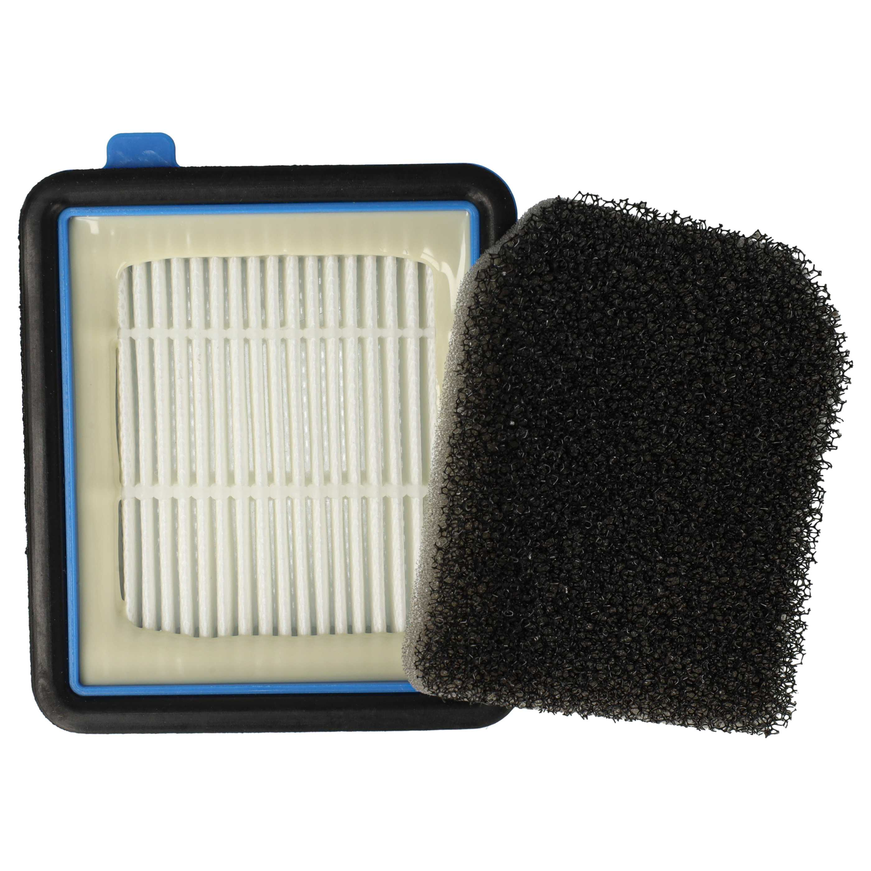 Ein Staubsaugerfilter. Er hat einen schwarzen Rahmen, einen weißen Filter und einen schwarzen Schaumfilter.