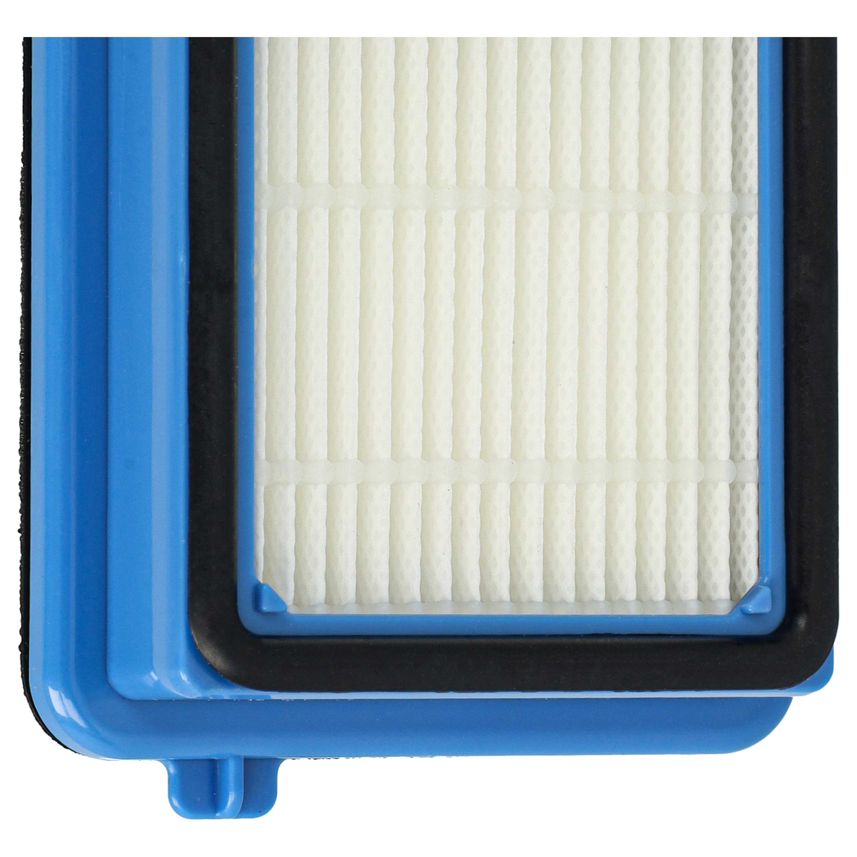 Nahaufnahme eines Luftfilters. Er hat weißes, plissiertes Filtermaterial, umgeben von einem blauen und schwarzen Rahmen.