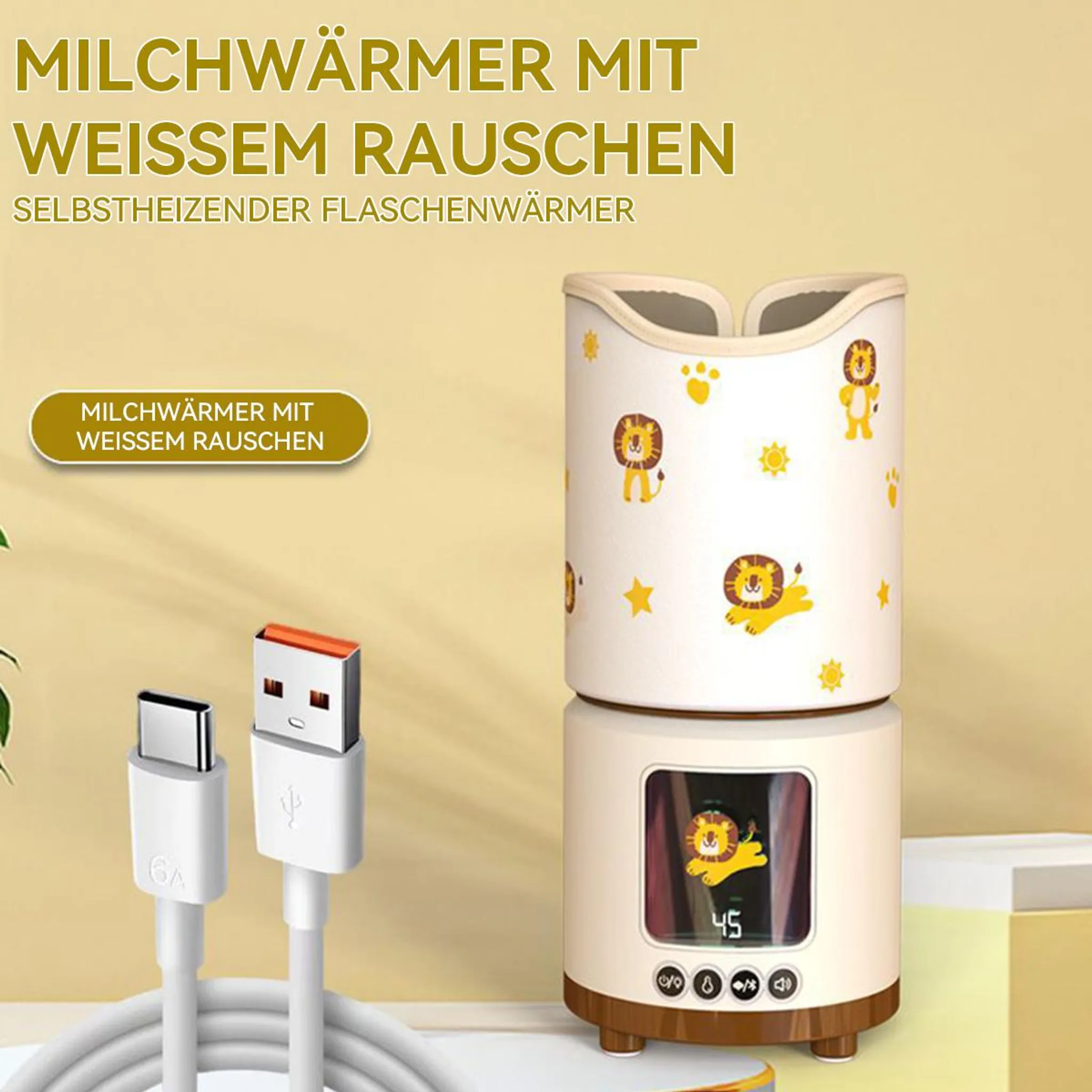 Ein weiß-brauner Babyflaschenwärmer mit Löwenmotiven, ein USB-Kabel und Text auf Deutsch.