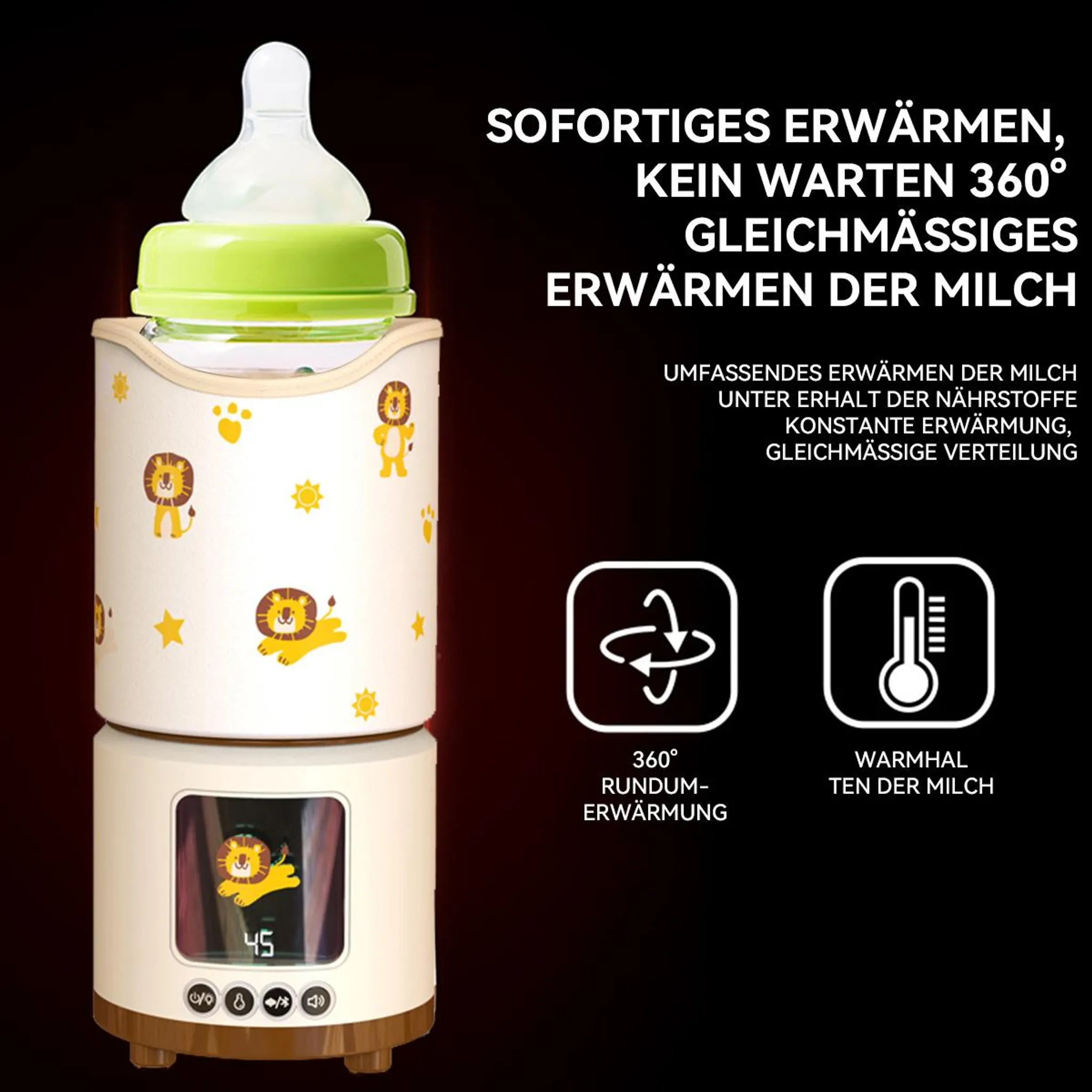 Ein Babyflaschenwärmer mit Flasche. Löwen-Grafiken und Digitalanzeige.