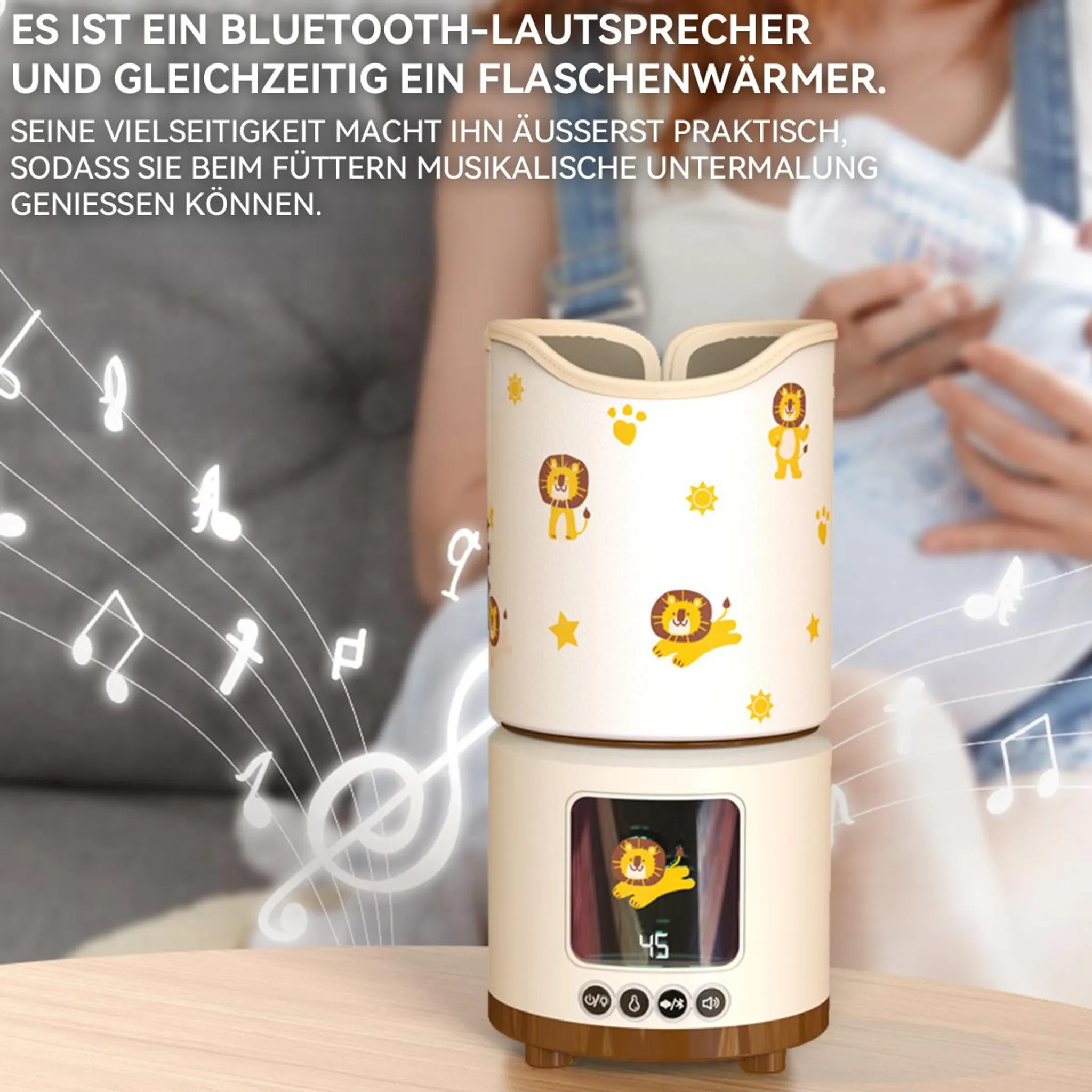 Ein Babyflaschenwärmer mit Löwenmotiven. Es hat ein Display und befindet sich in der Nähe einer Person, die eine Babyflasche hält.