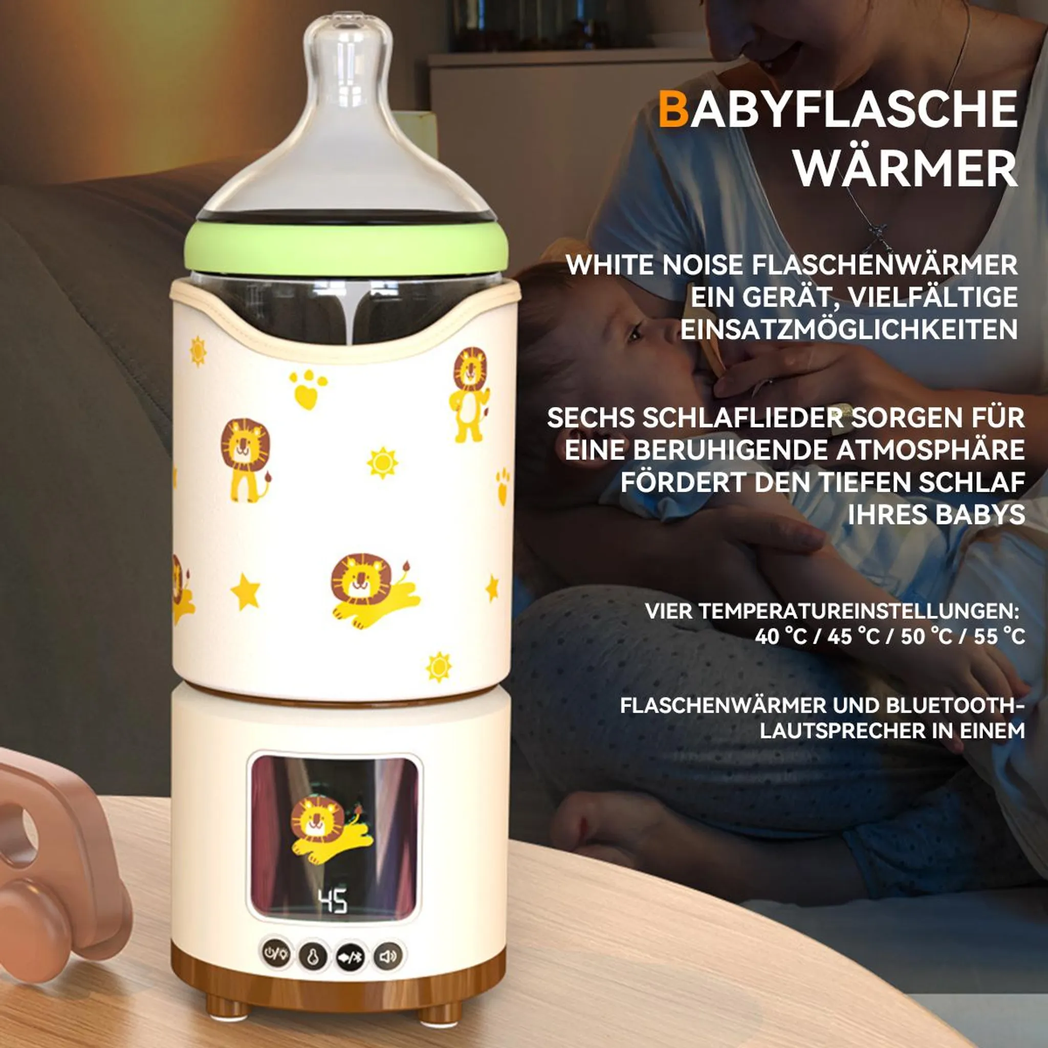 Ein Babyflaschenwärmer mit Löwen- und Sonnendesigns. Ein Baby wird von einem Erwachsenen gehalten. Text auf dem Produkt.