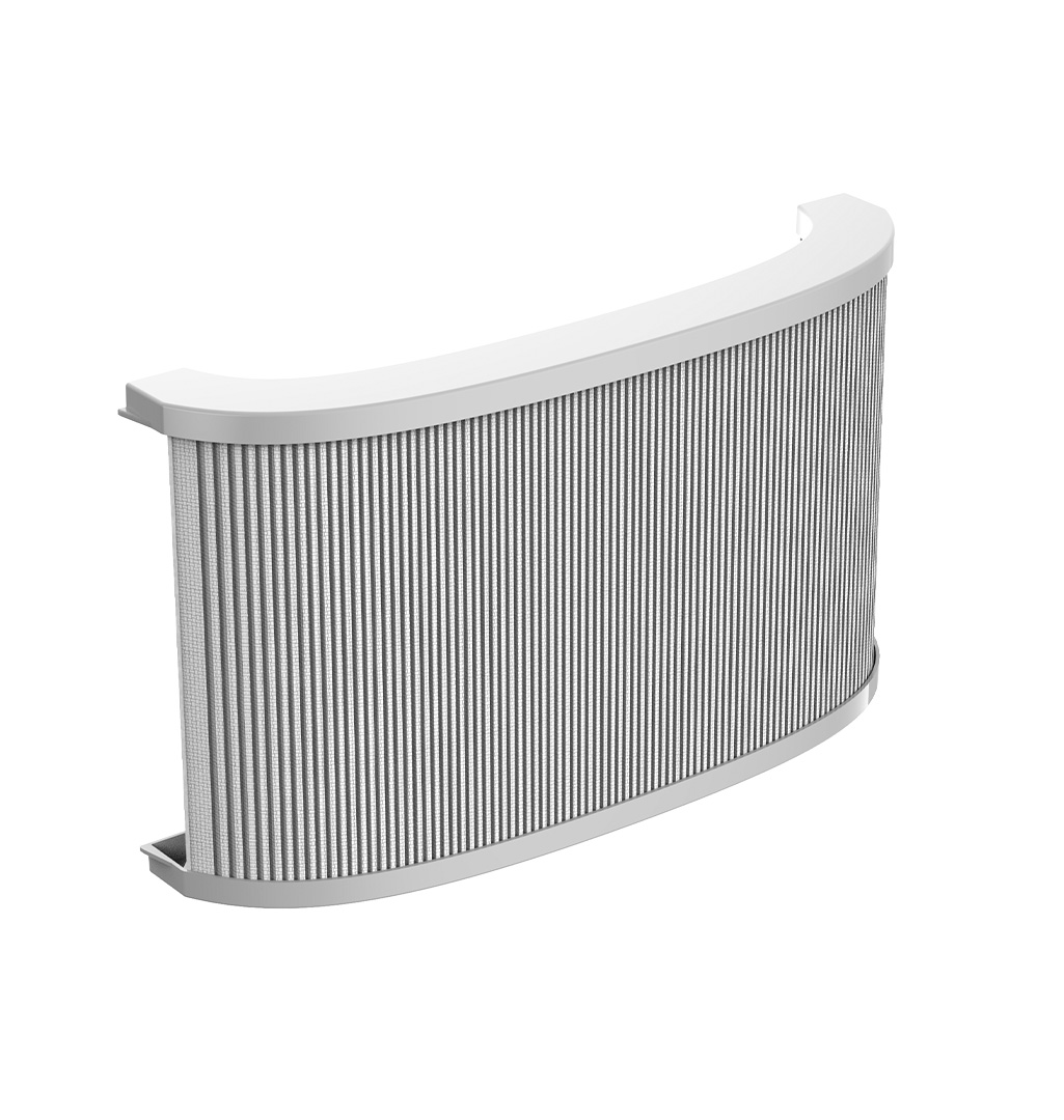 Un pannello curvo bianco scanalato. Il pannello presenta linee verticali e bordi arrotondati. Sembra un elemento di design o parte di una struttura.