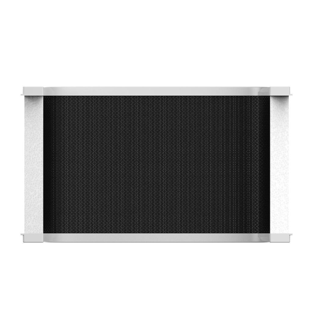 Pannello a rete rettangolare, interno nero, cornice bianca. Il pannello è diviso in una griglia di piccole celle interconnesse.