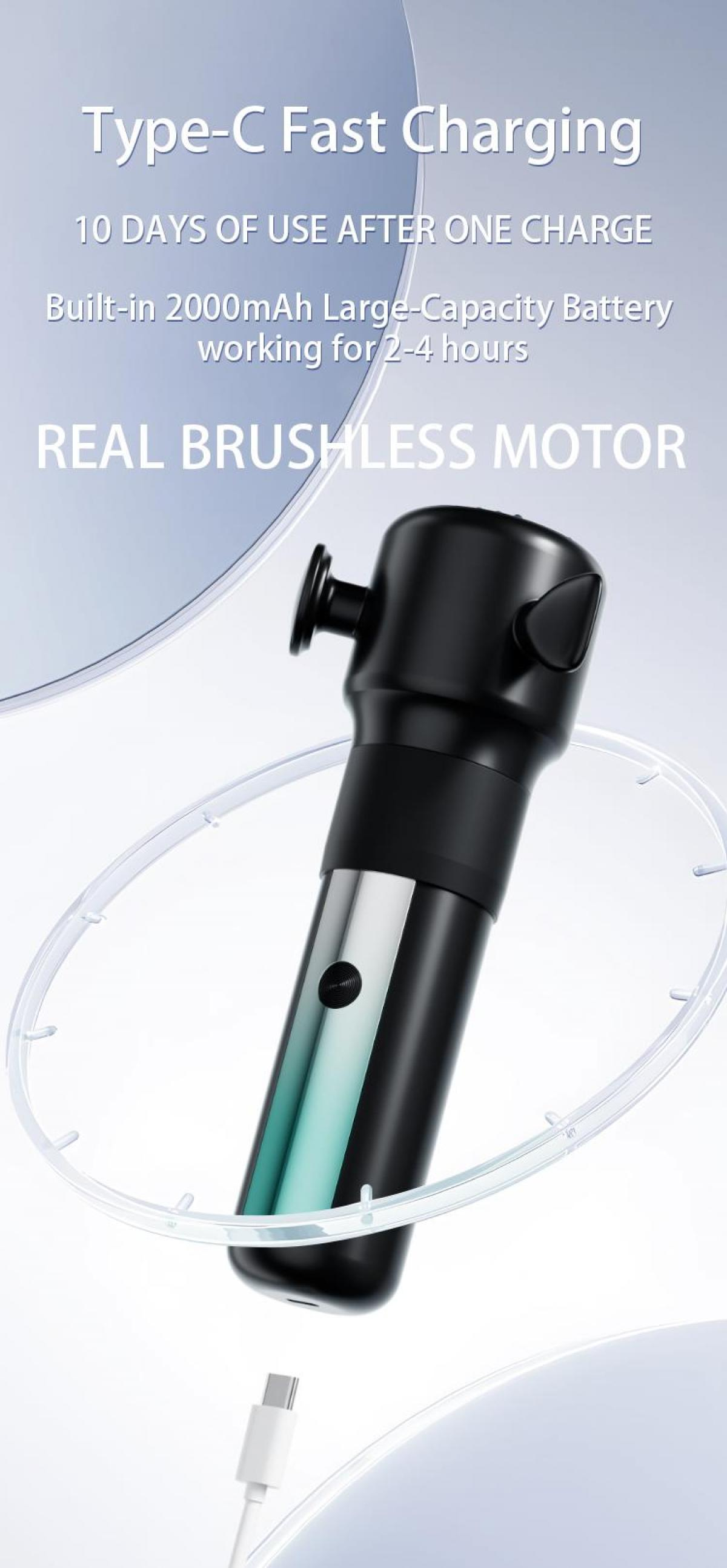 Ein schwarz-silbernes Gerät mit Typ-C-Ladegerät. Text lautet 'Type-C Fast Charging' und 'Real Brushless Motor'.