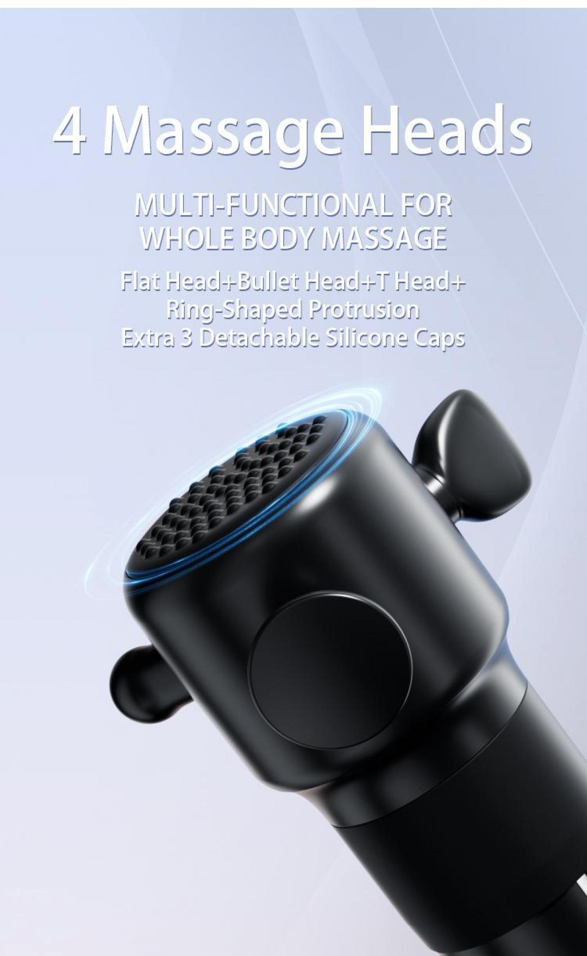 Schwarzes Massagegerät mit mehreren Köpfen und Text: 4 Massageköpfe, multifunktional für Ganzkörpermassage.