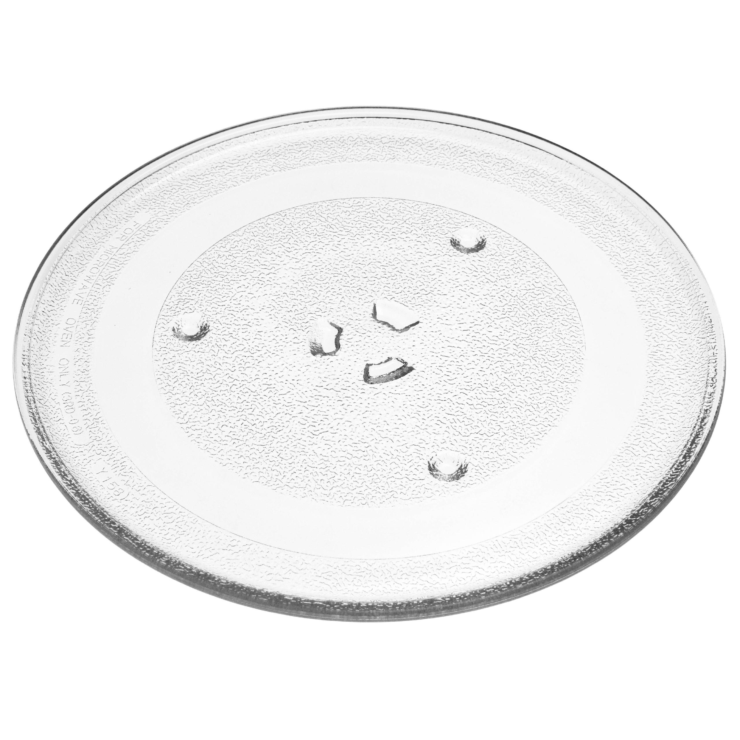 Eine durchsichtige Mikrowellenplatte aus Glas ist abgebildet. Sie hat eine strukturierte Oberfläche mit drei kleinen Aussparungen.