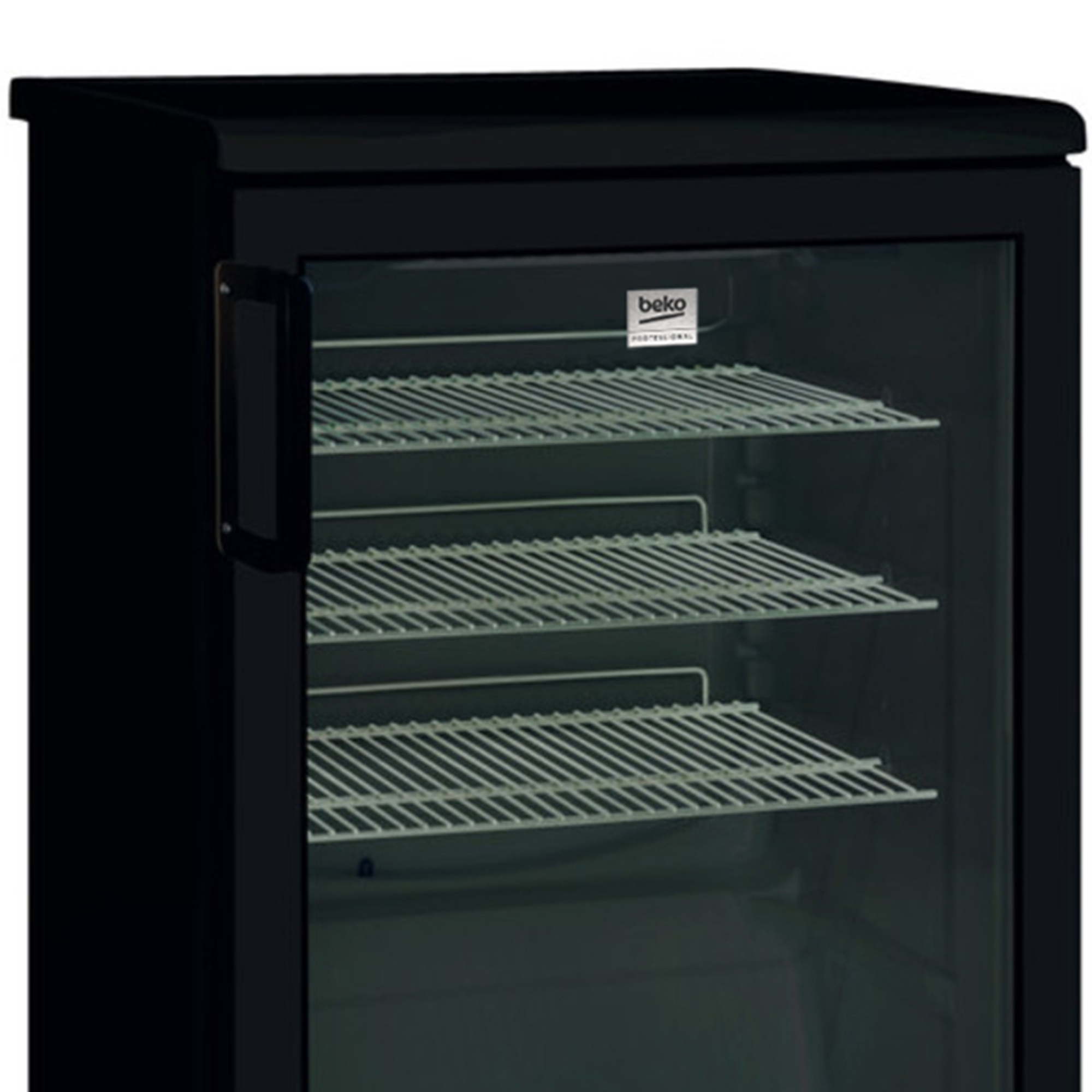 Ein schwarzer Kühlschrank mit Glastür und drei Drahtregalen. Die Tür hat einen Griff auf der linken Seite und ein Beko-Logo.