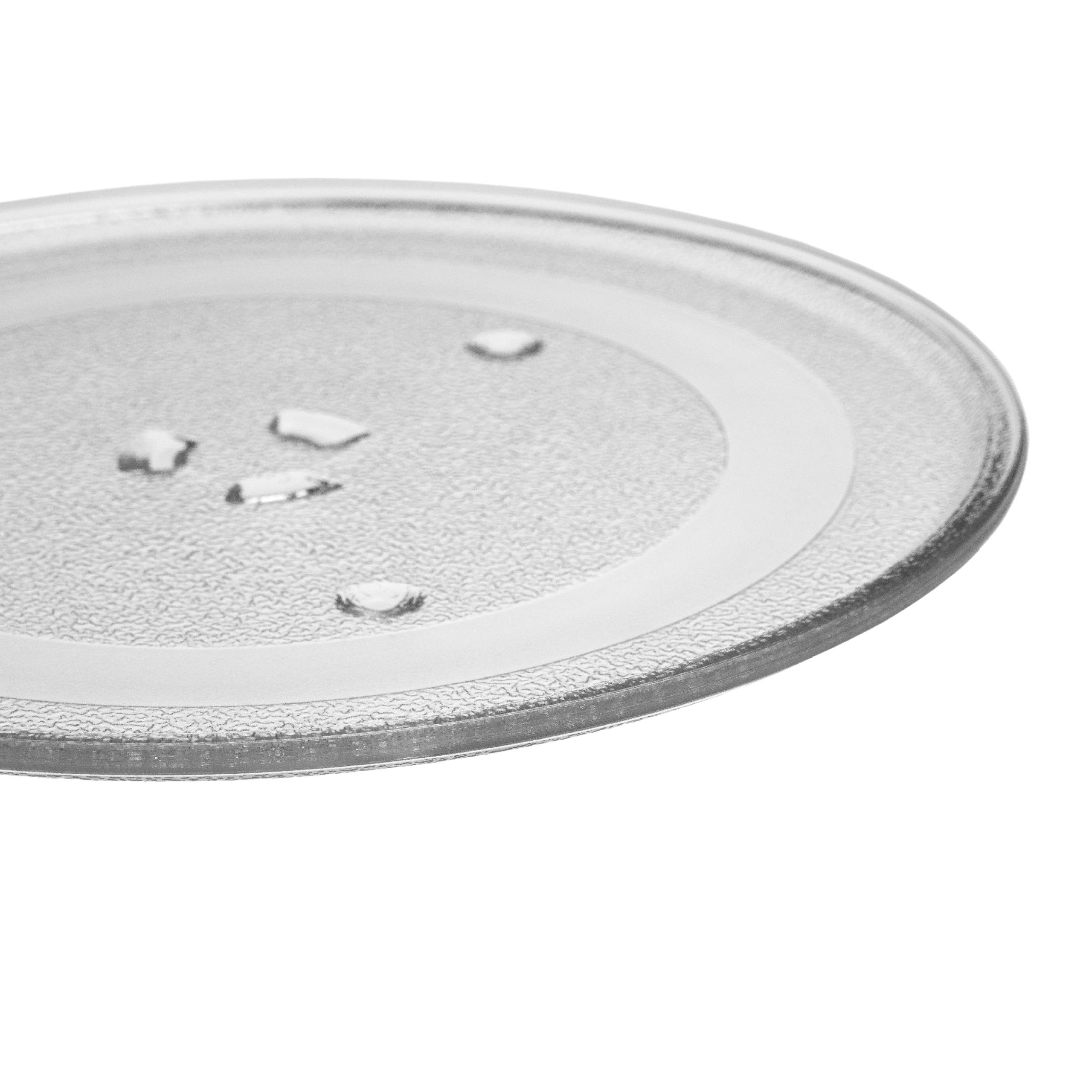 Eine klare Mikrowellenteller aus Glas ist vor weißem Hintergrund isoliert.