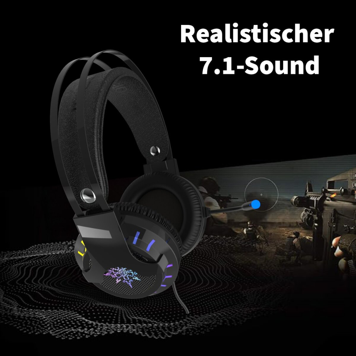 Cuffie da gioco nere con accenti luminosi e microfono. Testo: 'Realistischer 7.1-Sound'. Sfondo: scena videogioco.