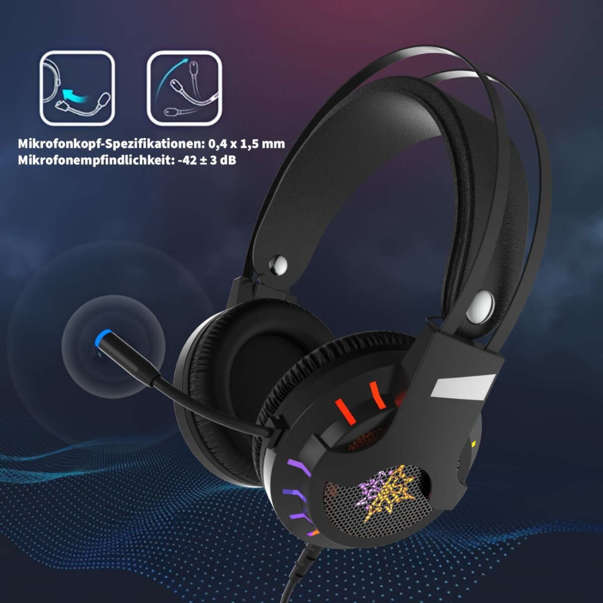 Cuffie da gioco nere con microfono. Le cuffie hanno dettagli rossi, arancioni, viola e gialli. Lo sfondo è blu.