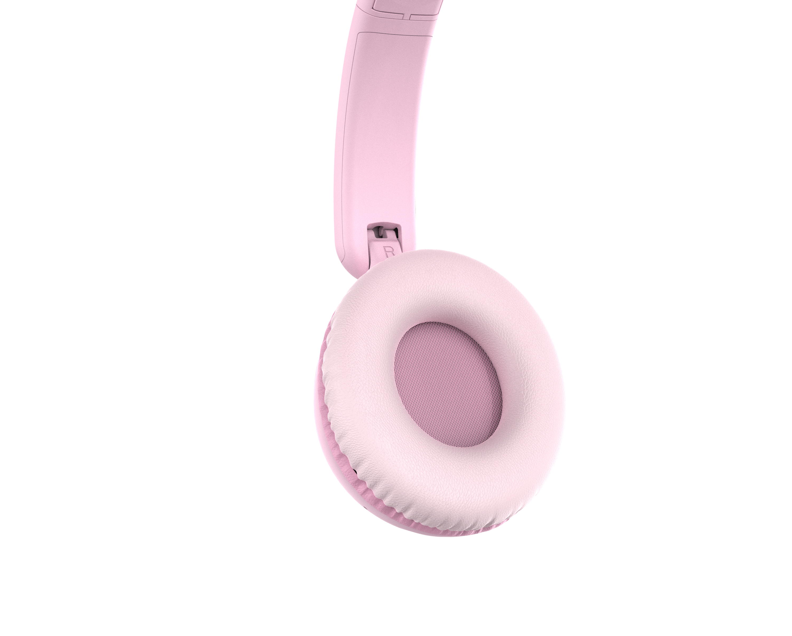 Zbliżenie różowych słuchawek. Widoczna jest jedna słuchawka, z jasnoróżową poduszką i ciemniejszym różowym wnętrzem.