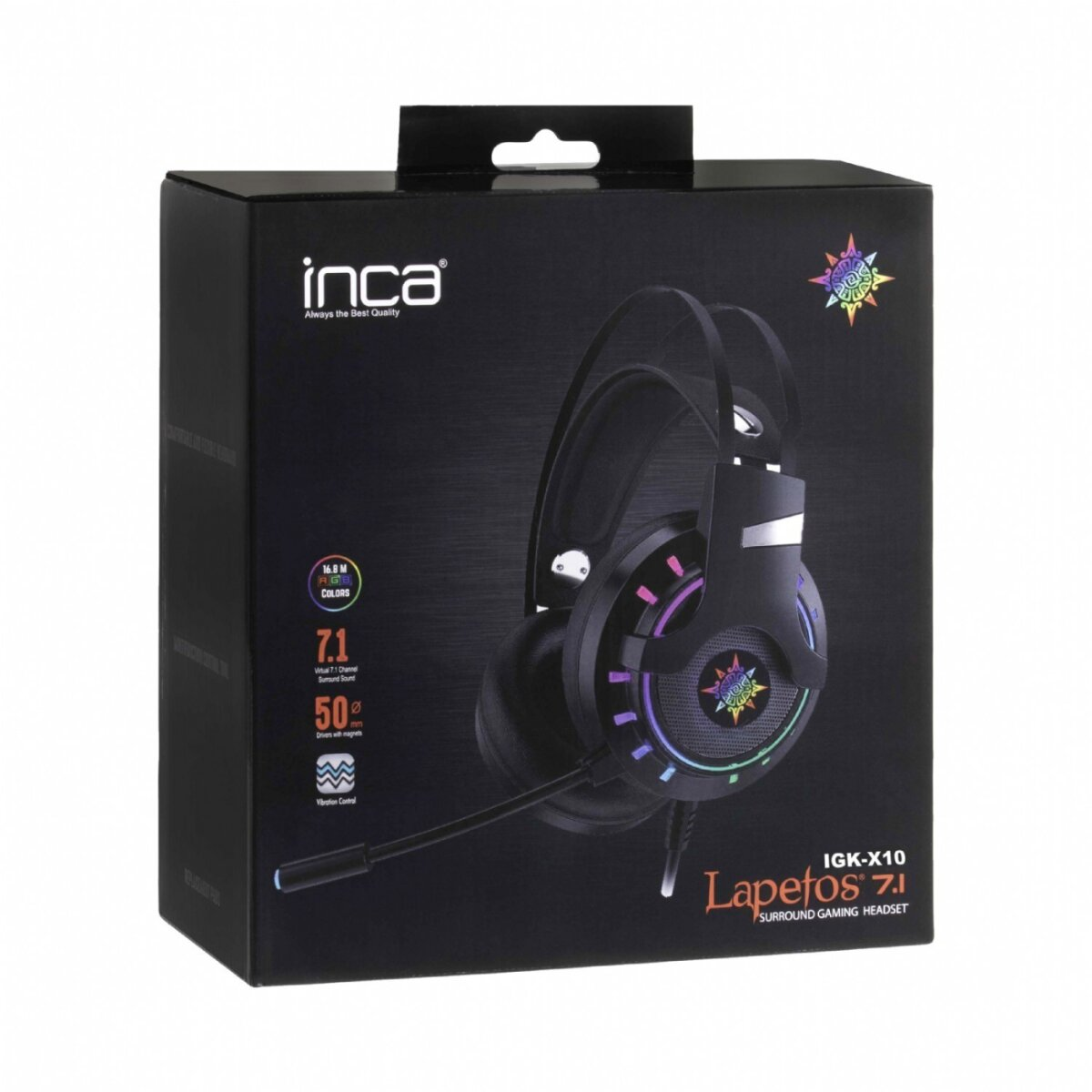 Una scatola nera con un'auricolare da gioco all'interno. La scatola ha testo e immagini, l'auricolare è nero con luci colorate.