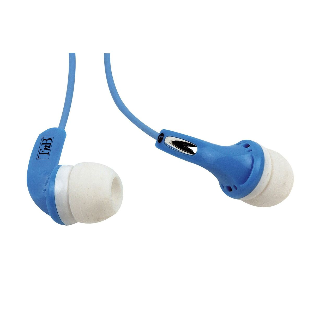 Cuffie in-ear blu e bianche. Gli auricolari sono bianchi e il resto è blu. Anche il cavo è blu.