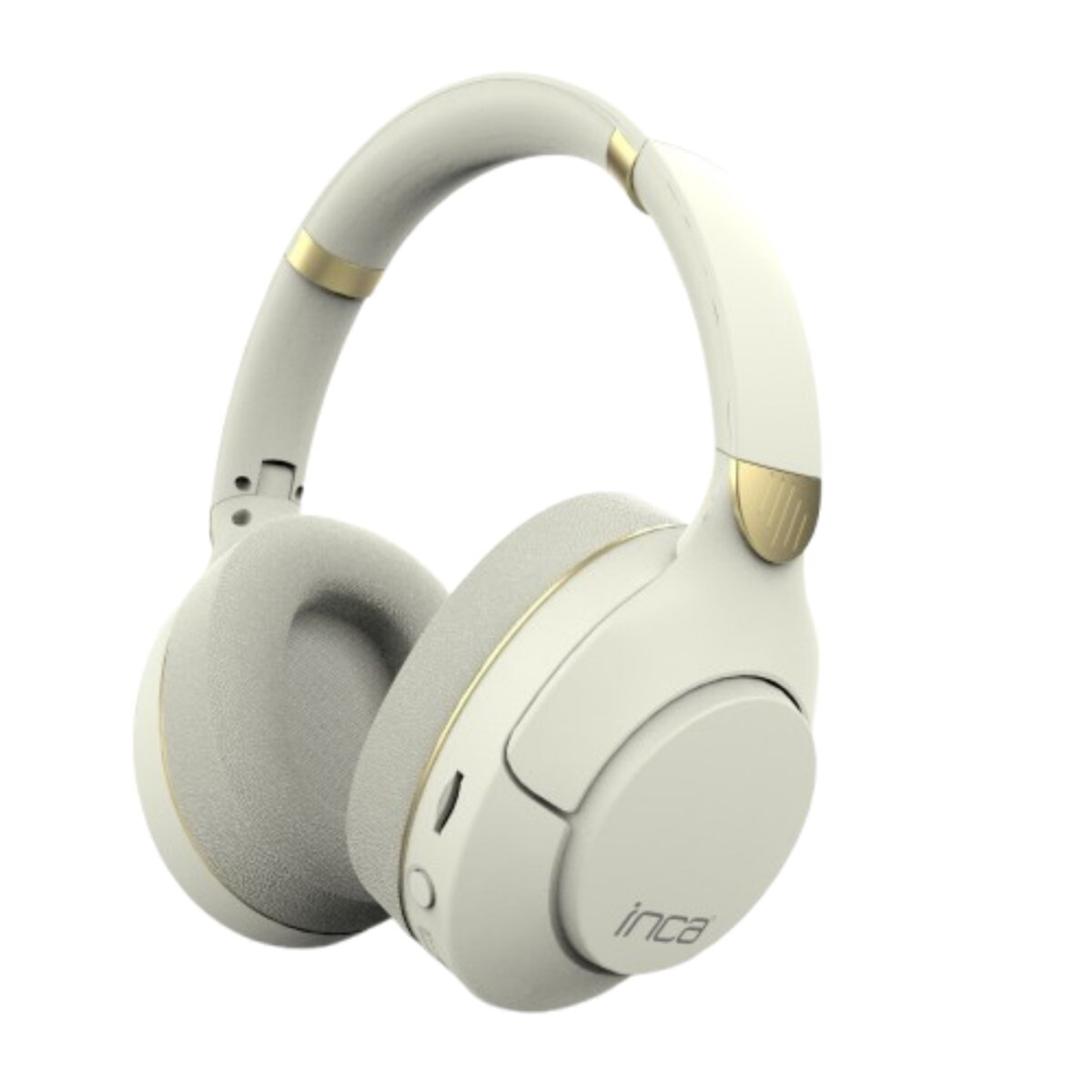 Cuffie color crema con dettagli oro, marchio 'inca'. Le cuffie sono su sfondo bianco, evidenziando il design.
