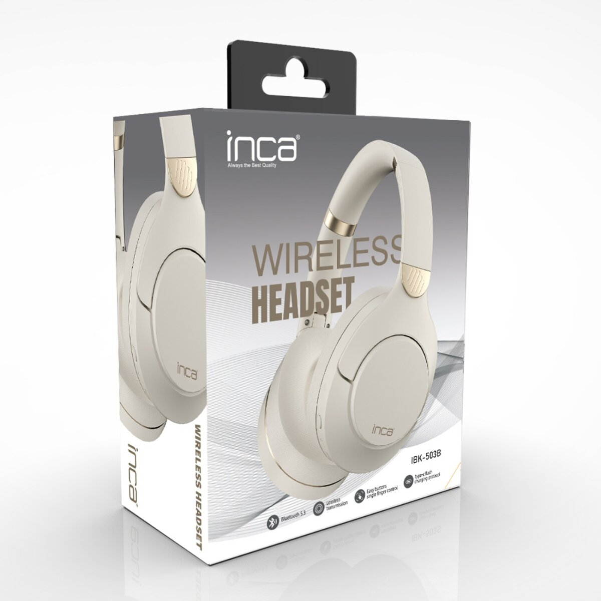 Una scatola di cuffie wireless Inca. Le cuffie sono bianche e dorate, con il marchio Inca sulla scatola.