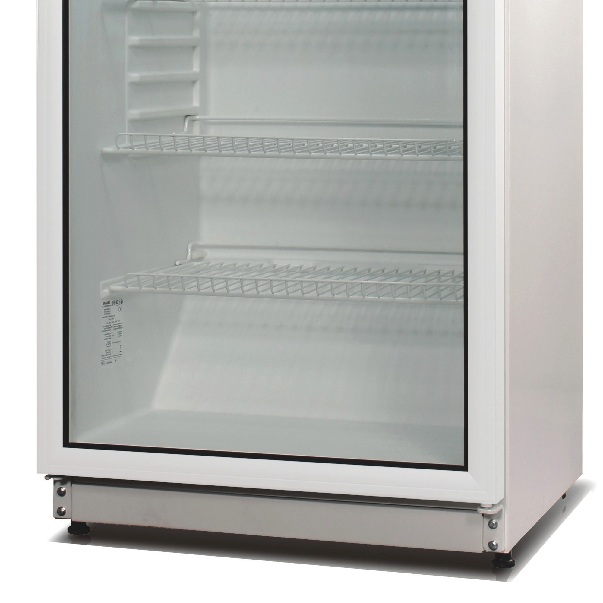 Ein weißer Kühlschrank mit Glastür. Im Inneren befinden sich drei Drahtregale. Der Boden hat eine Metallbasis.