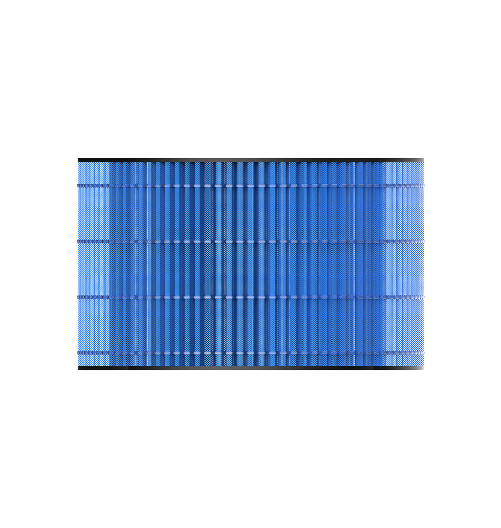 Ein rechteckiges blaues Musterdesign mit vertikalen Linien auf weißem Hintergrund. Das Muster hat verschiedene Blautöne.