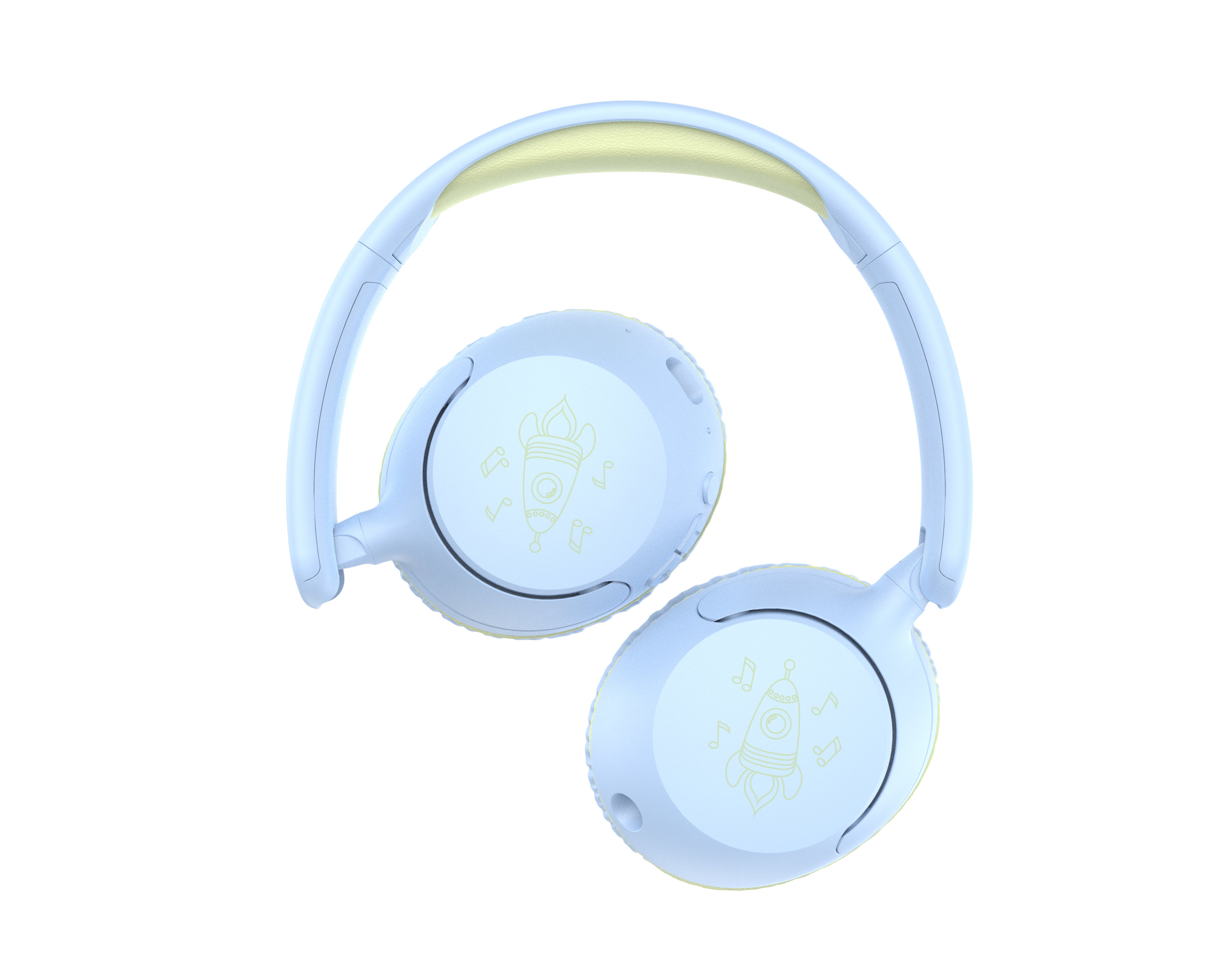 Jasnoniebieskie słuchawki z wzorami rakiet i nut na nausznicach, żółte wypełnienie. Białe tło.