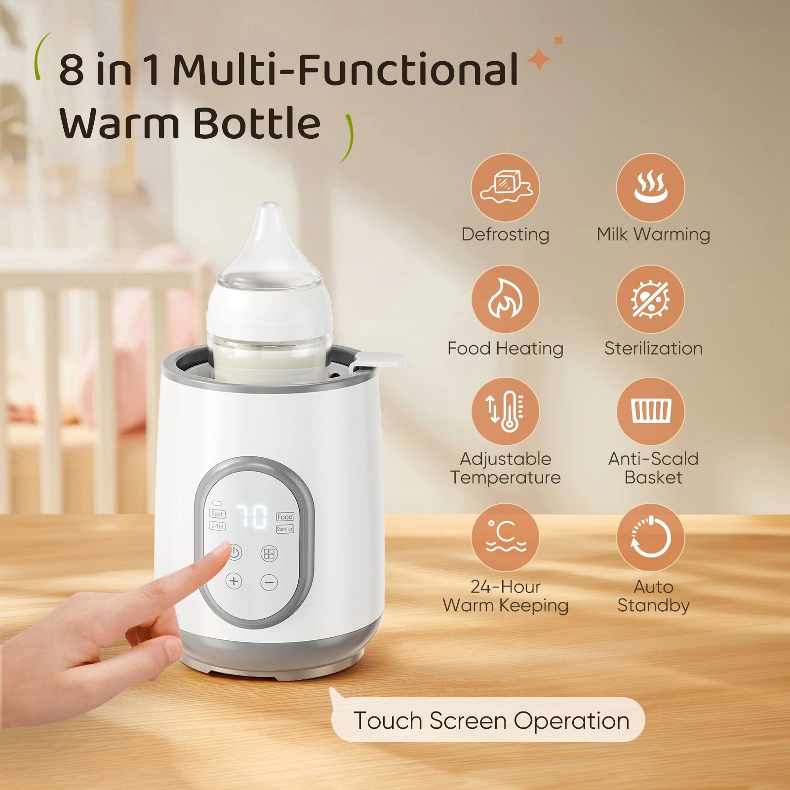 Ein weißer Babyflaschenwärmer mit Flasche. Symbole zeigen Funktionen wie Auftauen und Milchwärmen. Eine Hand berührt den Bildschirm.
