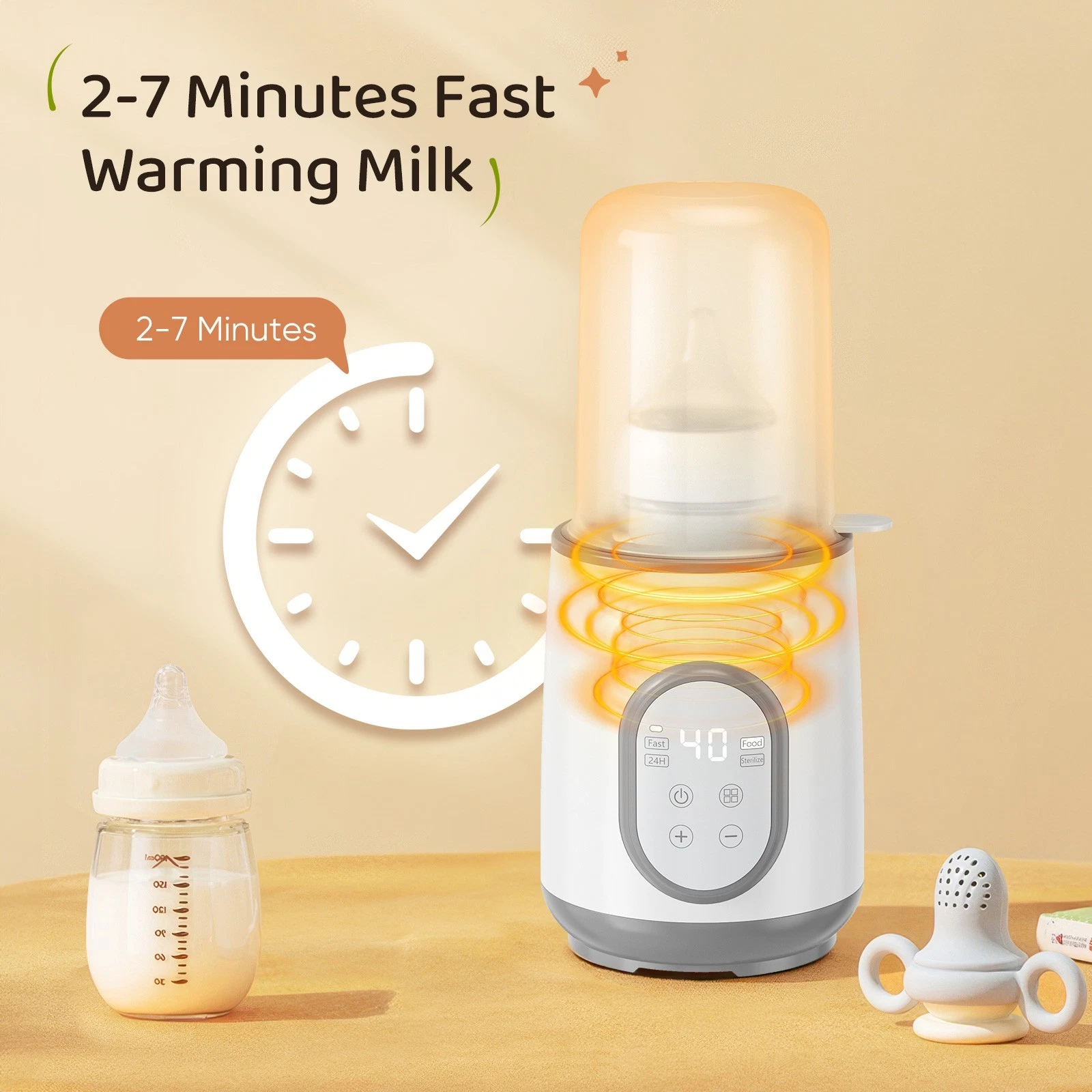 Ein Babyflaschenwärmer mit Flasche, Uhr und Timer, der 40 anzeigt. Text: 2-7 Minuten schnelles Milchwärmen.