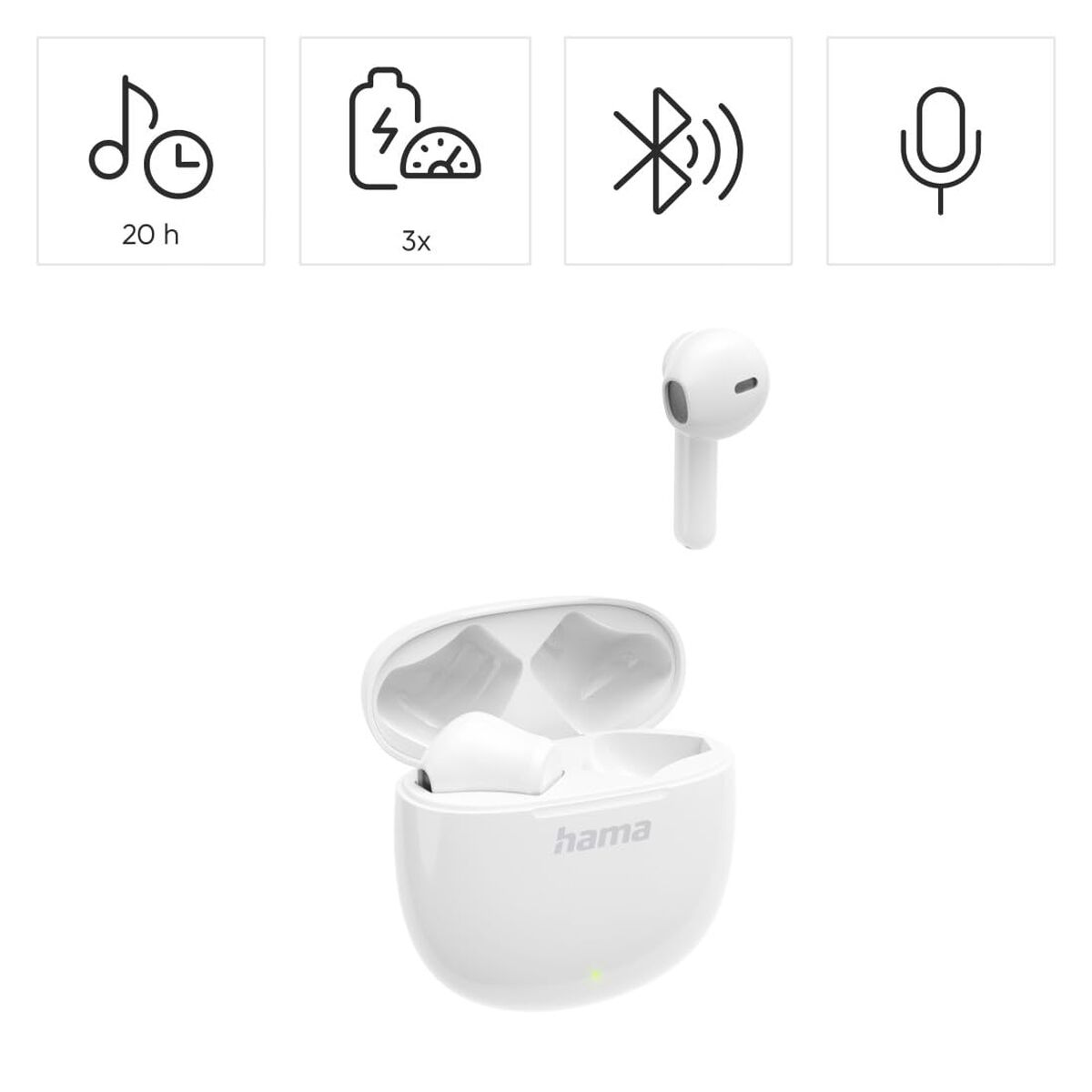Białe słuchawki Hama z etui ładującym i ikonami baterii, Bluetooth i mikrofonu. Etui otwarte z jedną słuchawką w środku.