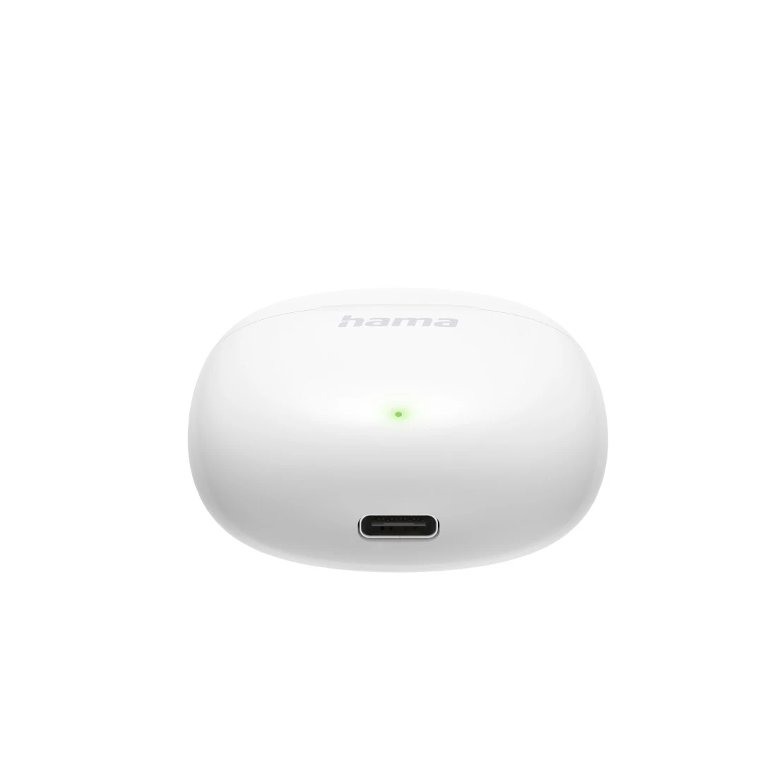 Białe etui ładujące do słuchawek Hama z zielonym światłem i portem USB-C na dole.