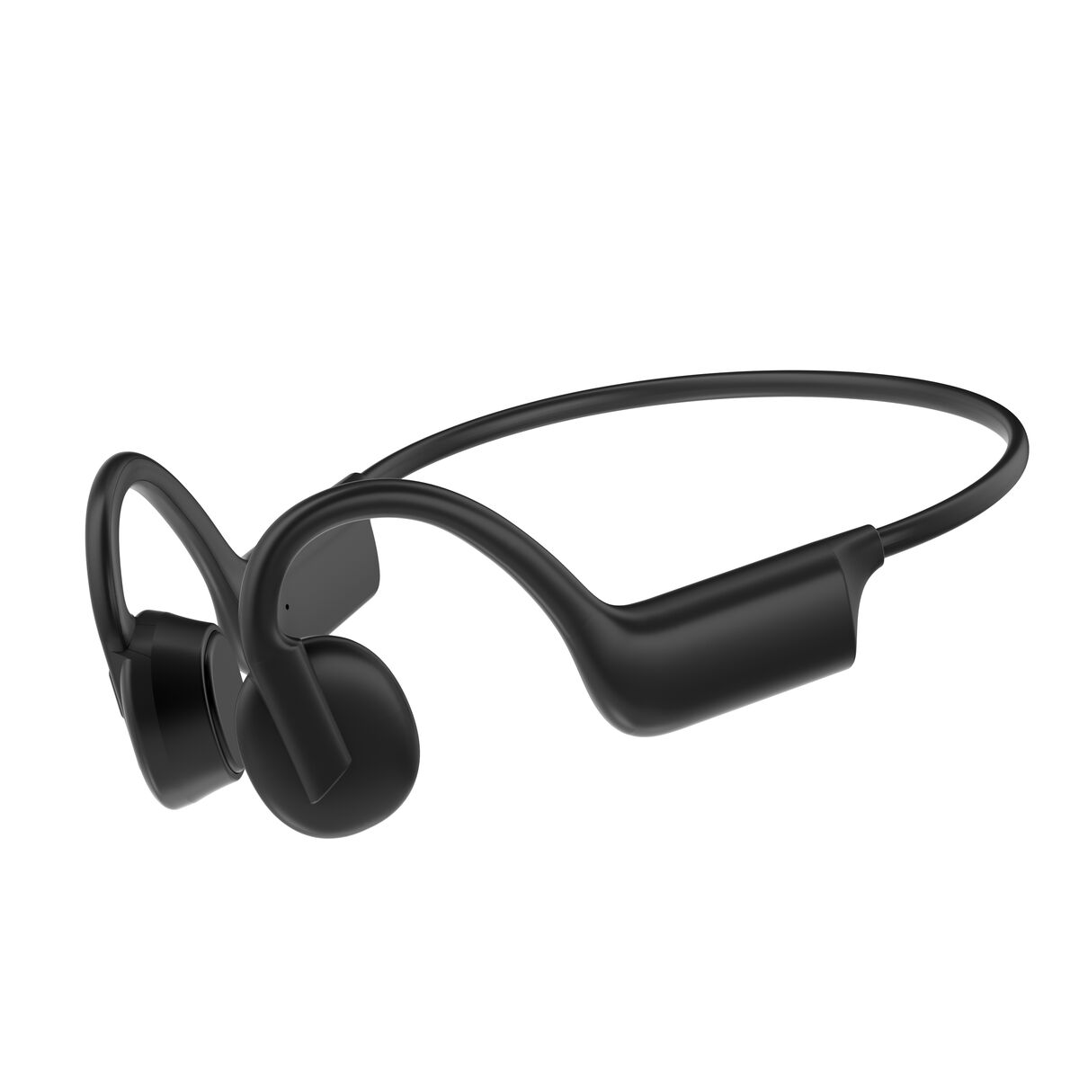 Un par de auriculares negros de conducción ósea sobre un fondo blanco. Tienen un diseño curvo y probablemente sean para uso deportivo.