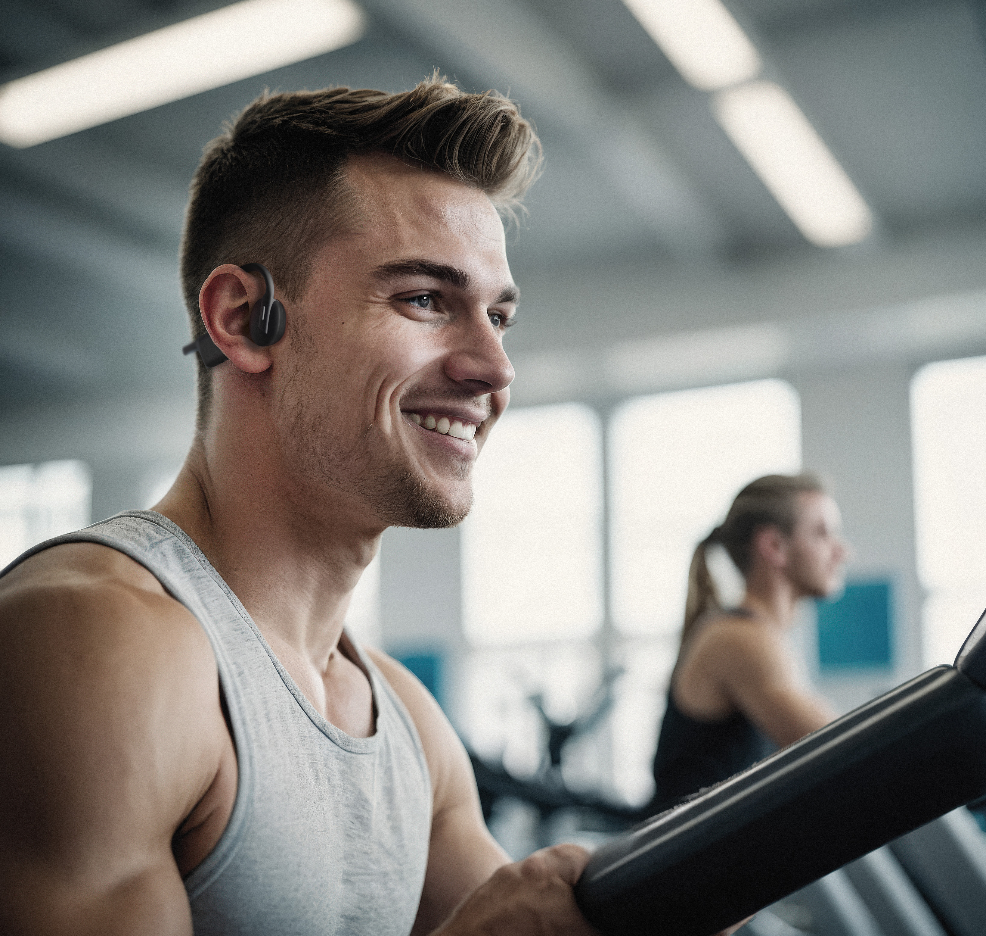 Hombre sonriendo mientras usa la cinta de correr en el gimnasio. Una mujer está en el fondo. Lleva una camiseta sin mangas gris y auriculares.