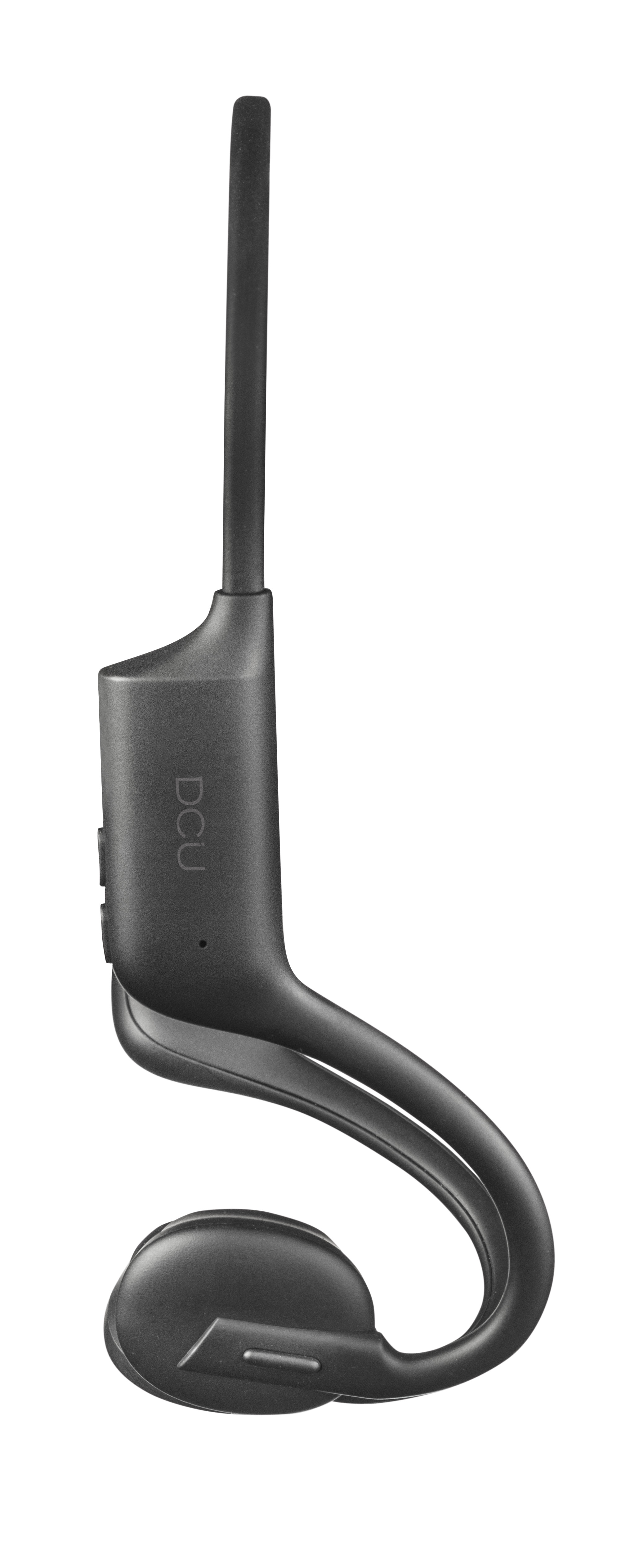 Unos auriculares de conducción ósea de color gris oscuro. Tiene un vástago vertical largo y un gancho para la oreja curvado. La marca DCU es visible.