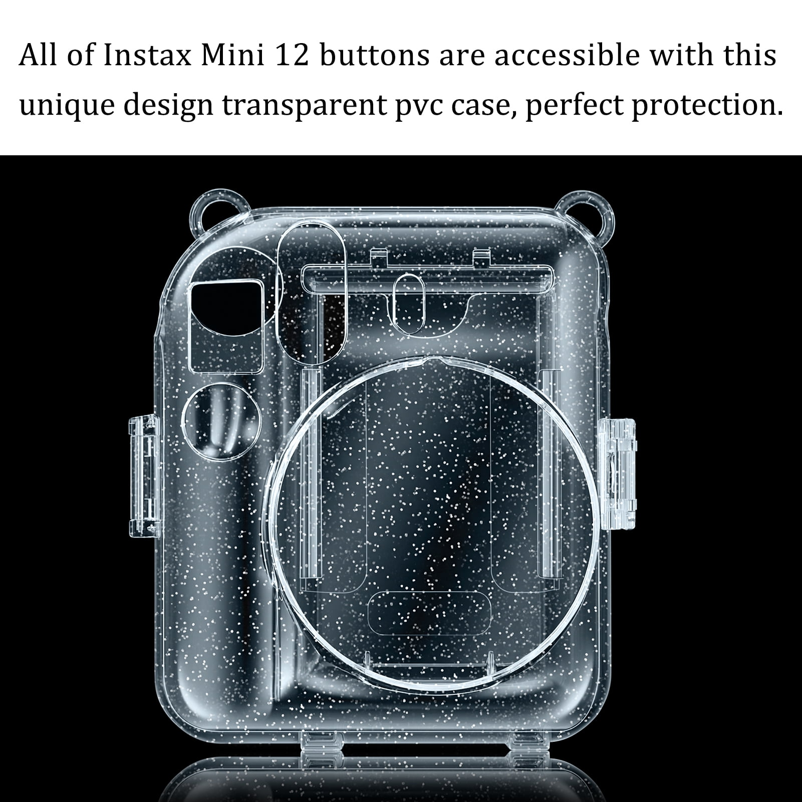 Transparente Instax Mini 12 Kamerahülle. Auf schwarzem Hintergrund. Das Gehäuse hat ein einzigartiges Design.