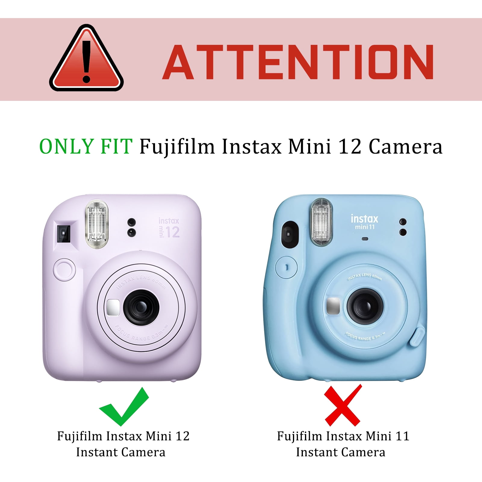 Das Bild zeigt zwei Instax-Kameras, eine lavendelfarbene (Mini 12) und eine blaue (Mini 11). Text zeigt Kompatibilität.