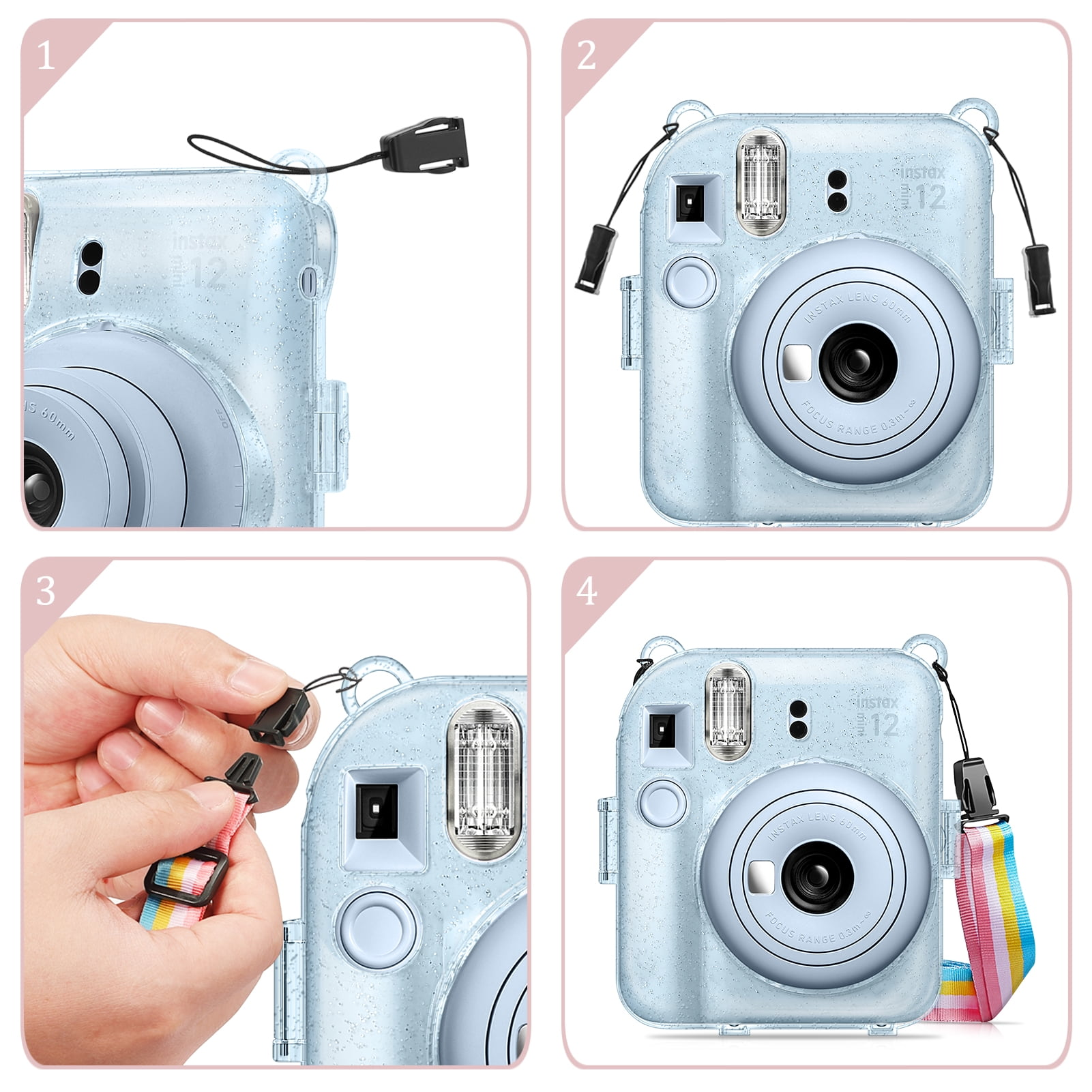 Eine hellblaue Instax 12 Kamera wird mit einem angebrachten Riemen gezeigt. Verschiedene Winkel zeigen den Vorgang.