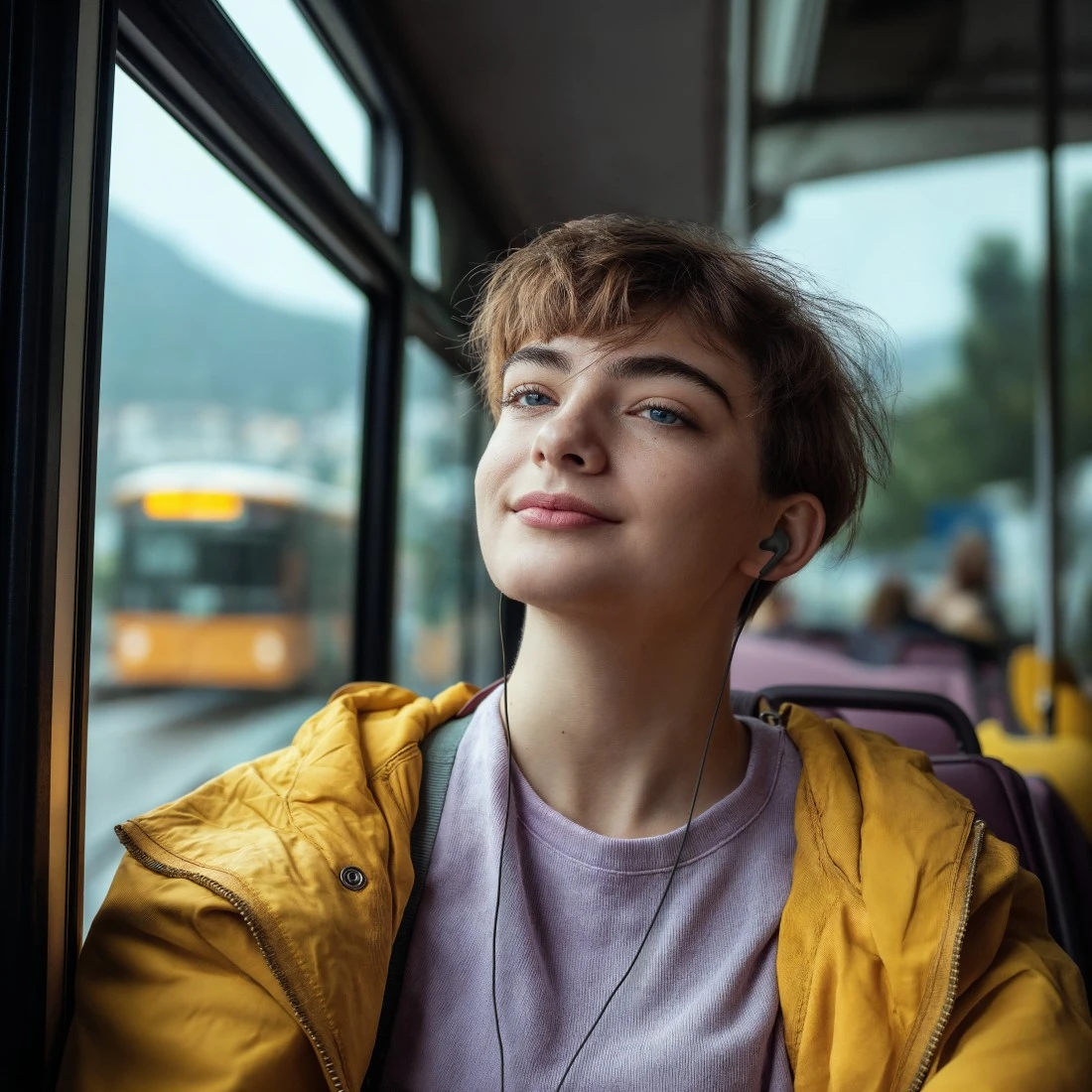 Młoda kobieta z krótkimi włosami i słuchawkami patrzy przez okno autobusu. Ma na sobie żółtą kurtkę i uśmiecha się, w tle widać autobus.