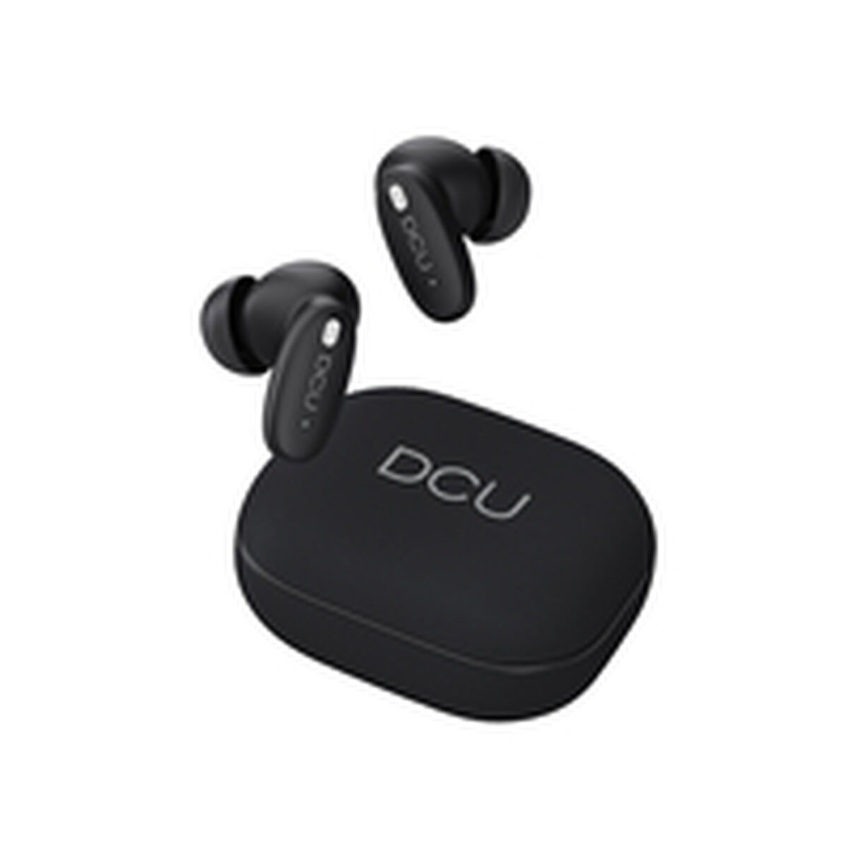 Auricolari wireless neri e custodia di ricarica con il logo "DCU" su sfondo bianco. Un auricolare è sollevato.